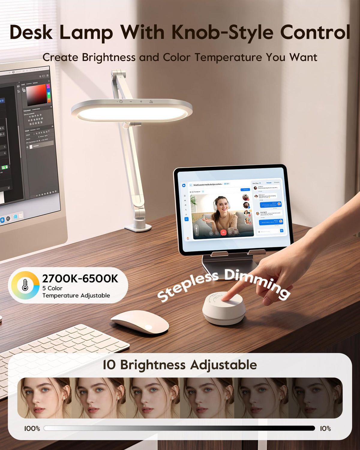 Desk Lamp for Home Office with Clamp for Video Conference, 50 Lighting Modes, Double-Sided Desk Light with Stepless Dimmable Knob Remote, Adjustable Arm Light for Video Recording, Zoom Call