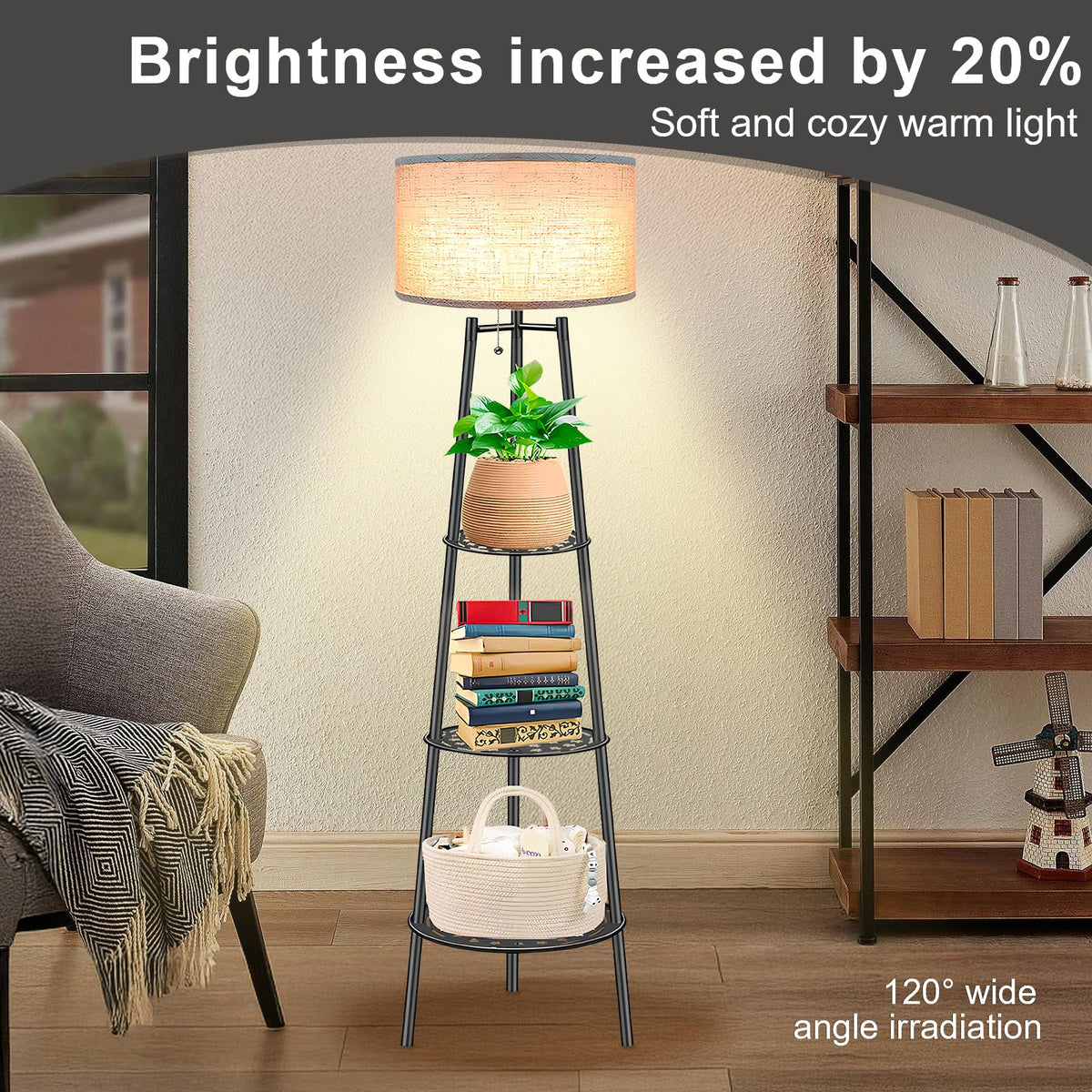 Floor Lamp with Shelves for Living Room， Standing Lamp，Tall Lamp， Amparas Elegantes para Sala with Linen Shade，Modern Floor Lamp for Living Room，Bedroom or Office（Black ）