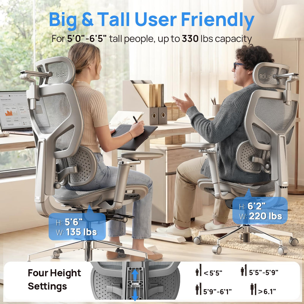 Ergonomic Office Chair with Adaptive Dual-Wing Lumbar Support - Over 10 Hours Sitting Comfortable Mesh Big and Tall Home Desk Chair, 4D Headrest, 630° Armrst, Seat Depth Adjustable