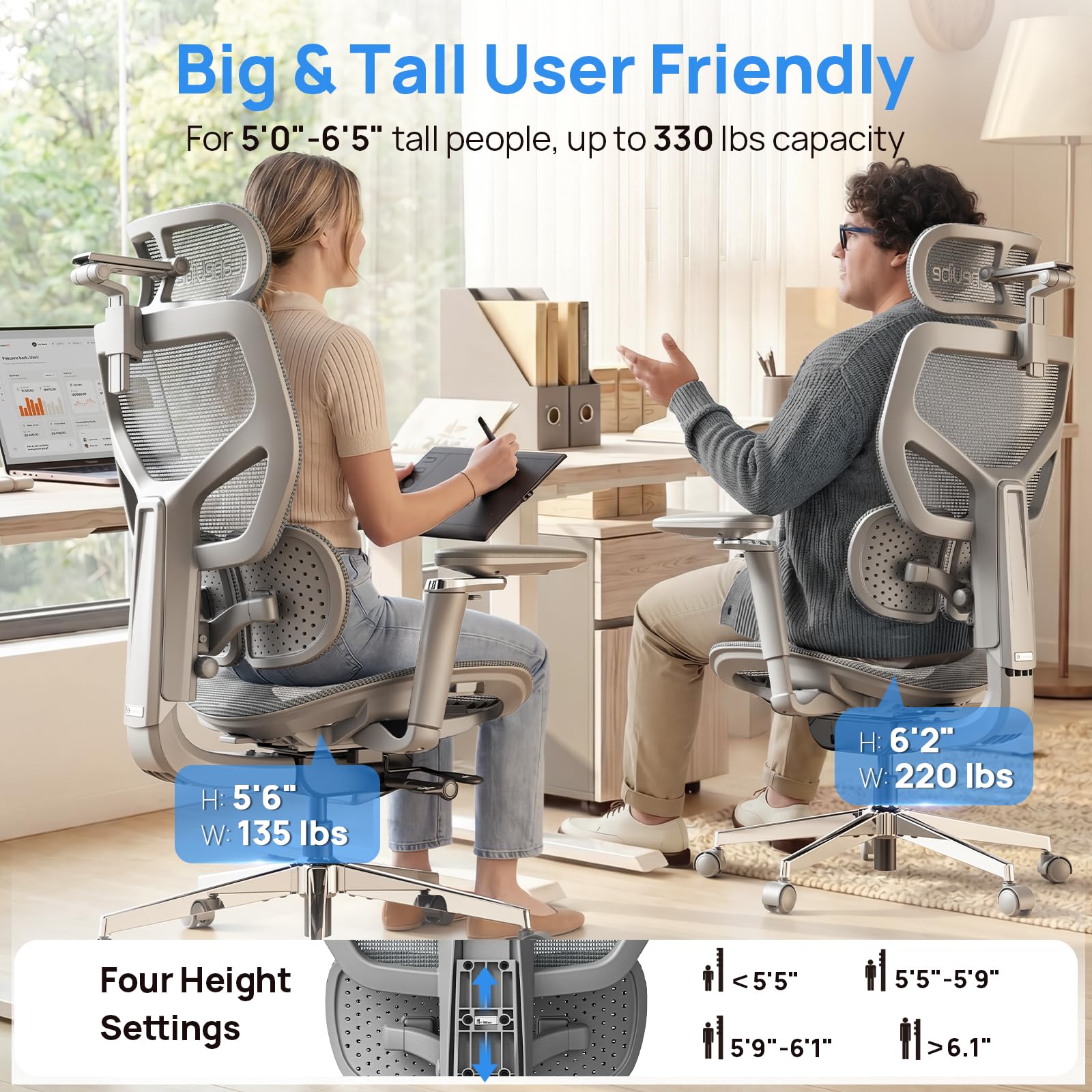 Ergonomic Office Chair with Adaptive Dual-Wing Lumbar Support - Over 10 Hours Sitting Comfortable Mesh Big and Tall Home Desk Chair, 4D Headrest, 630° Armrst, Seat Depth Adjustable