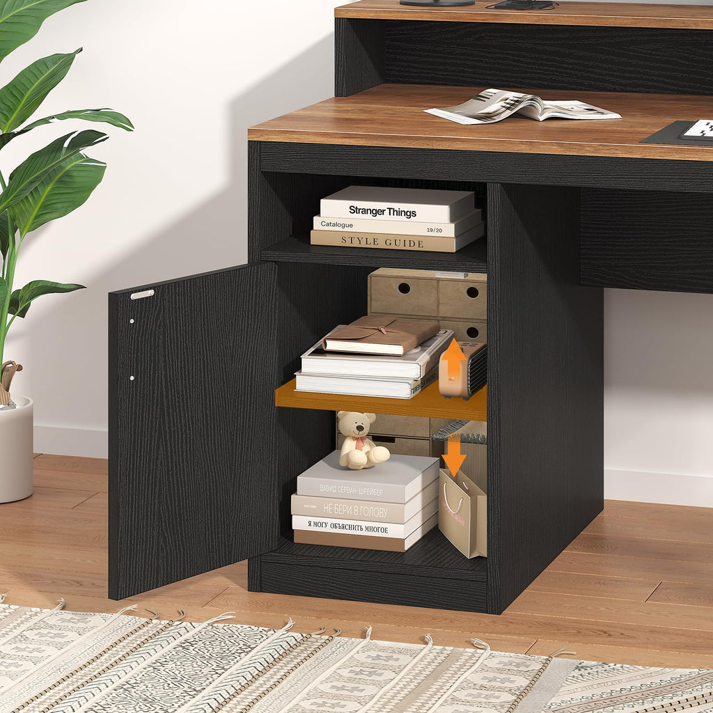 Computer Desk with 3 Drawers & Storage Shelves, 65 Inch Home Office Desk with File Drawer & Cabinet, Writing Study Desks with Monitor Stand & Printer Shelf, Executive Desk, Brown and Black
