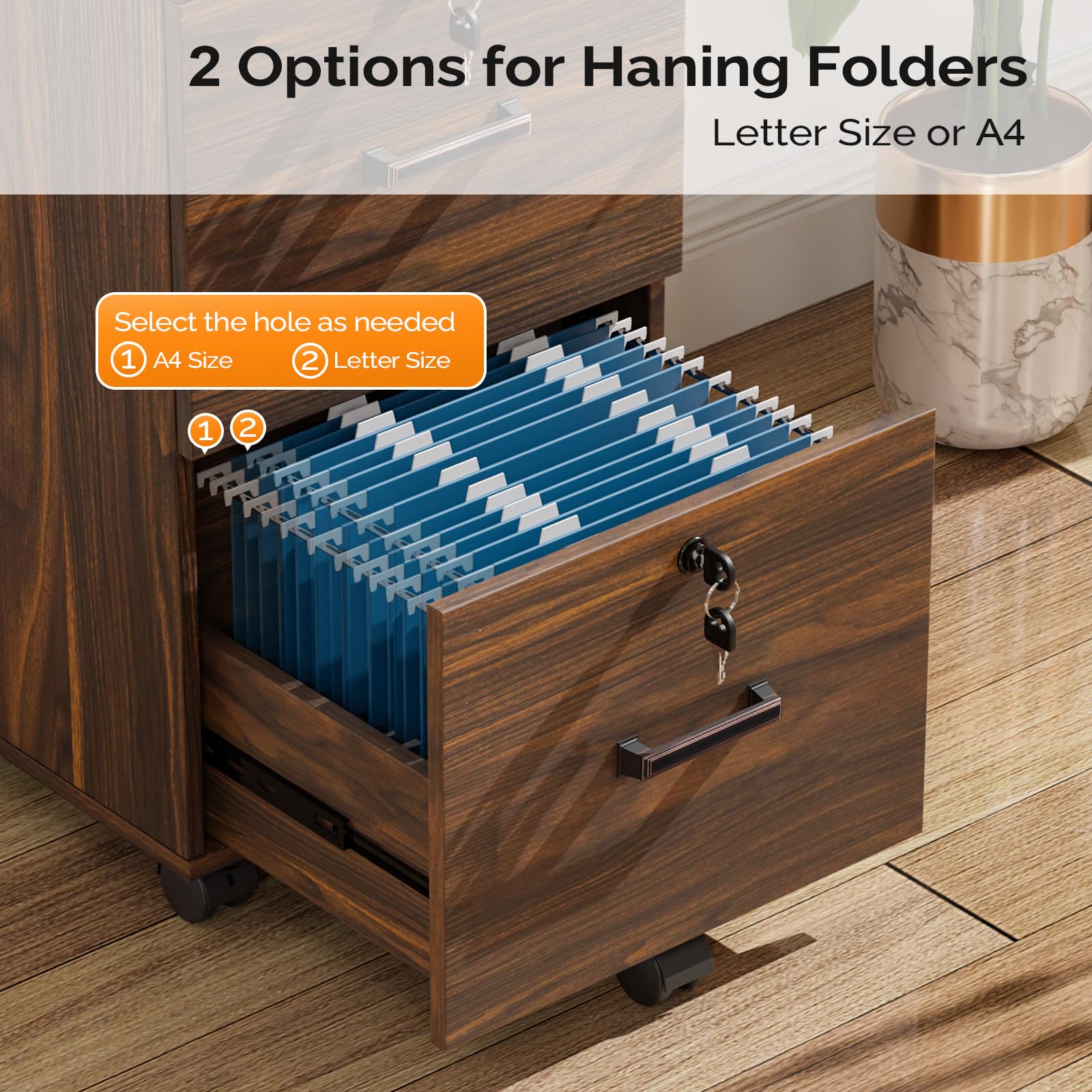 2 Drawer File Cabinet with Lock, Wood Dark Brown File Cabinets for Letter Size File Folders with Tabs, Under Desk Rolling Filing Cabinet for Home Office, Mobile File Organizer Printer Stand