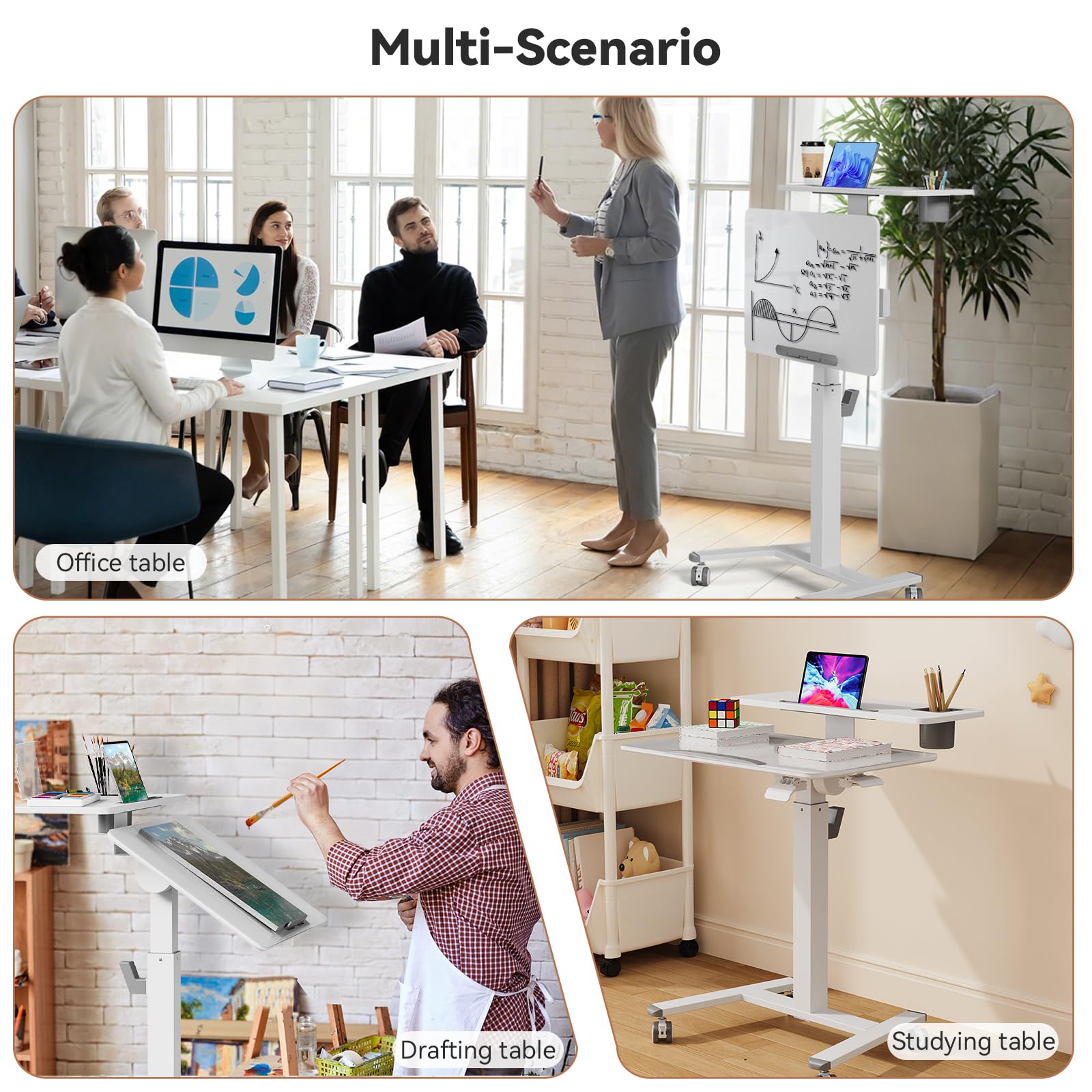 28Inch Glass Mobile Standing Desk On Wheels， Rolling Laptop Stand with Tiltable Desktop， Small Computer Workstation Adjustable Height， 2-Tier Portable Study Table with Storage Shelf， White