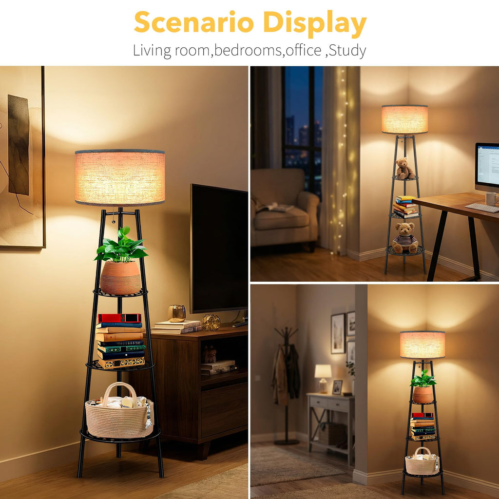 2 PCS Black Floor Lamp with Shelves for Living Room， Standing Lamp，Tall Lamp， Amparas Elegantes para Sala with Linen Shade，Modern Floor Lamp for Living Room，Bedroom or Office（Black ）