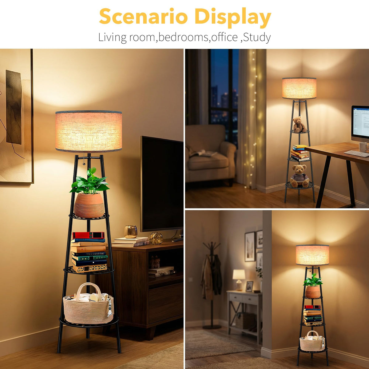 2 PCS Black Floor Lamp with Shelves for Living Room， Standing Lamp，Tall Lamp， Amparas Elegantes para Sala with Linen Shade，Modern Floor Lamp for Living Room，Bedroom or Office（Black ）