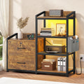35.4” File Cabinet, Filing Cabinet fits Letter/A4 Size, 2 Drawe File Cabinets for Home Office with Power Strip, LED Lights, Lock, Open Shelf, Rustic Brown