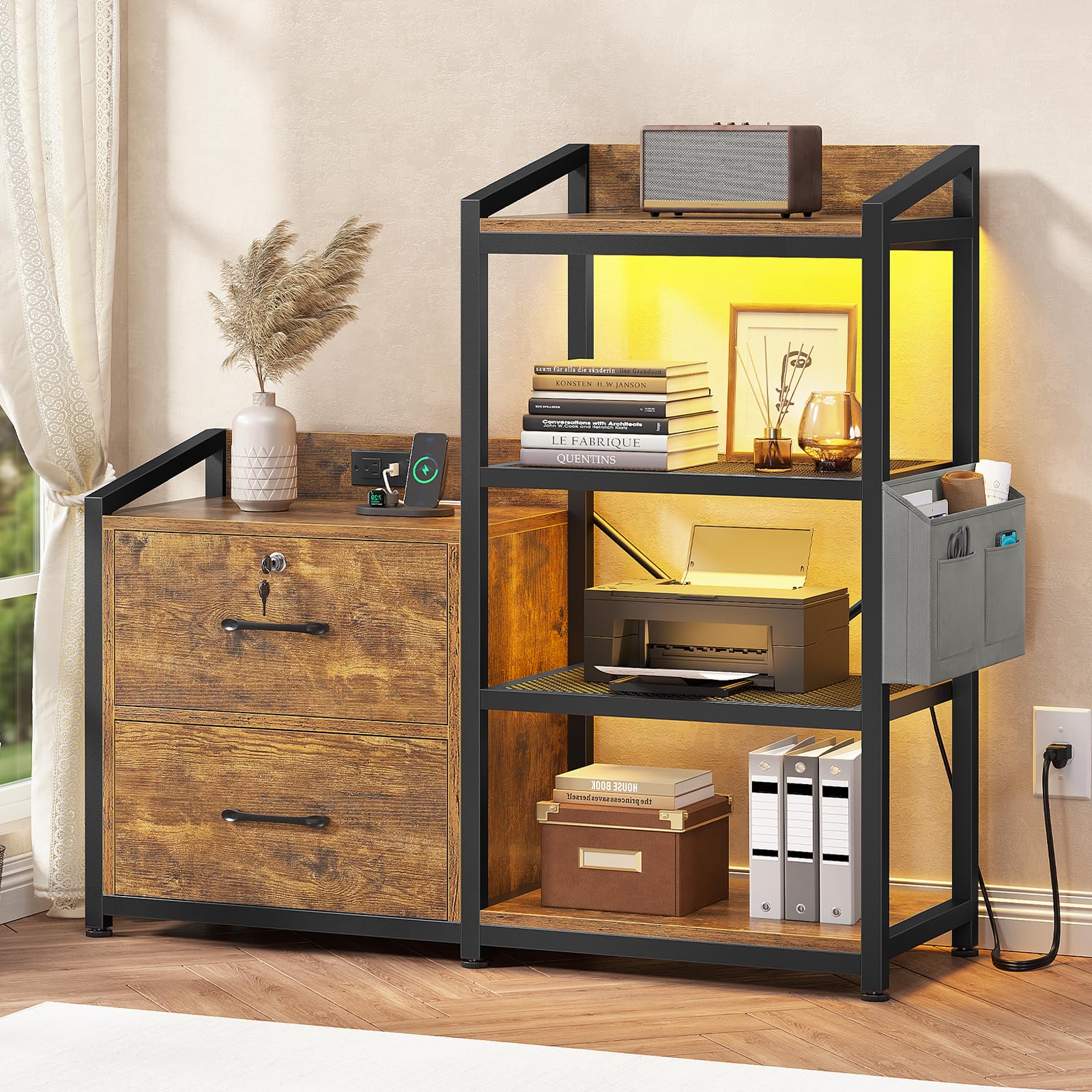 35.4” File Cabinet, Filing Cabinet fits Letter/A4 Size, 2 Drawe File Cabinets for Home Office with Power Strip, LED Lights, Lock, Open Shelf, Rustic Brown