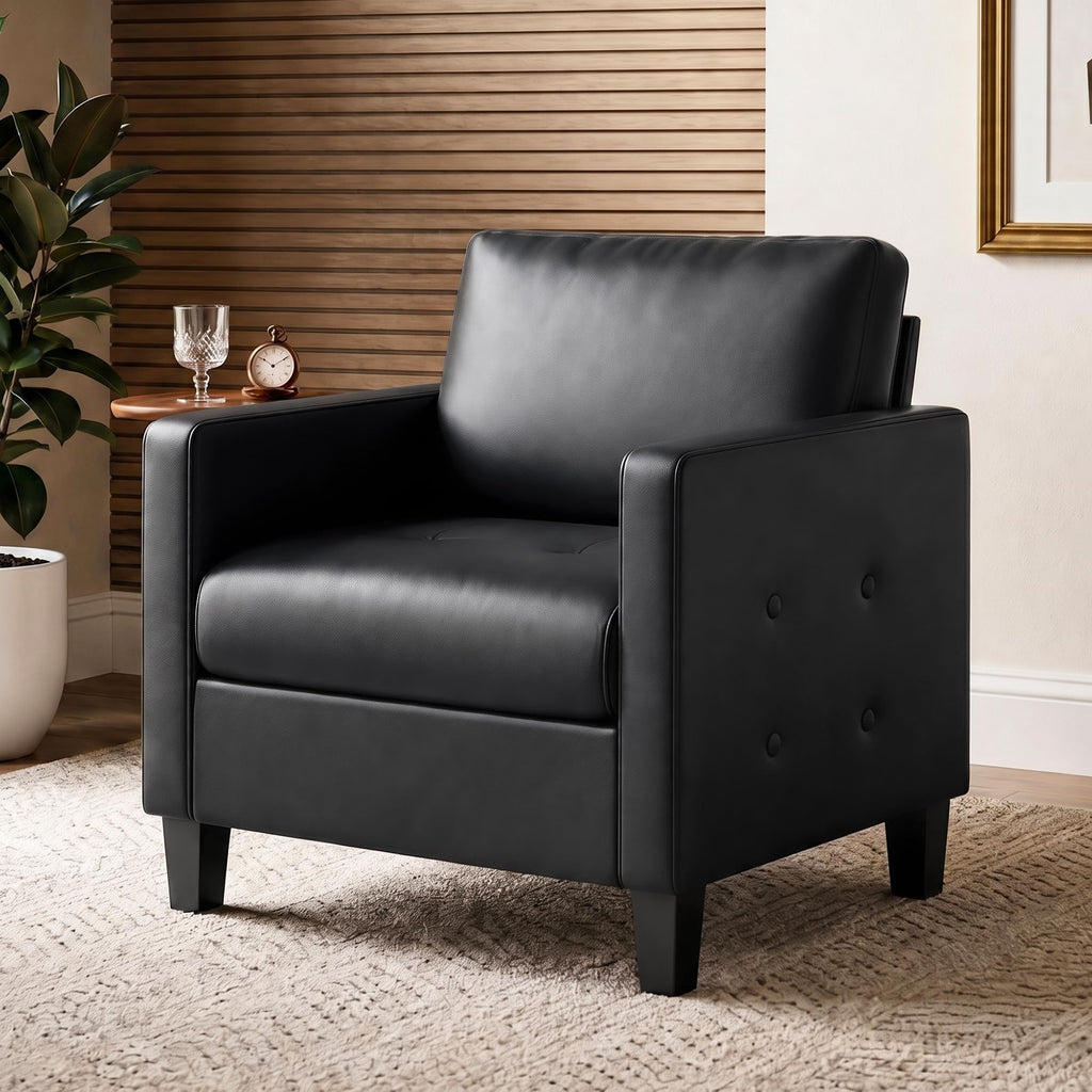 Accent Chair, Black Leather Chair, Mid-Century Modern Living Room Chairs, Cozy Office Reading Chair with Tufted Seat and Armrest, Reception Armchairs for Bedroom, Waiting Room