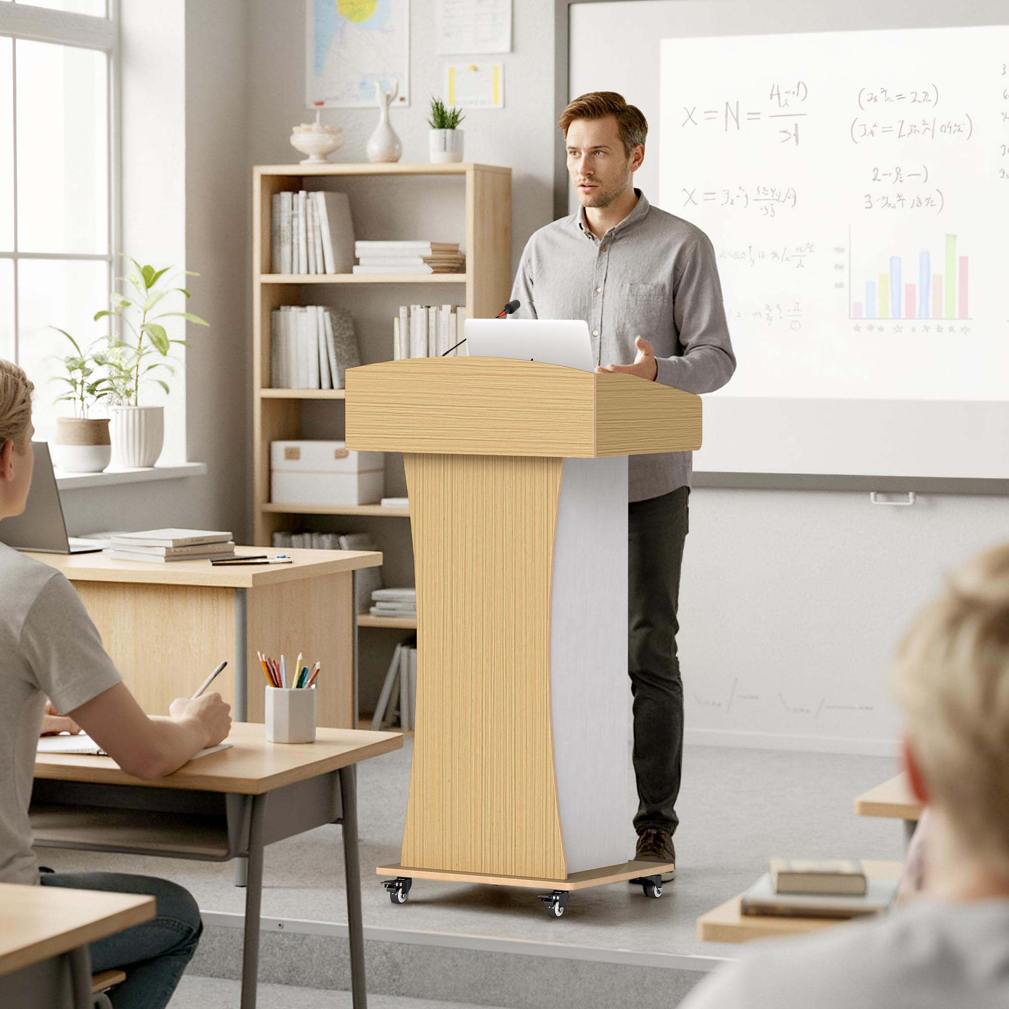 Podium Stand with Metal Wheels Wooden Teacher Lectern Portable Pulpit Standing with Drawer and Adjustable Shelf Mobile Rolling Reception Podiums for Church Office Classroom Lecture Meeting,White+Oak