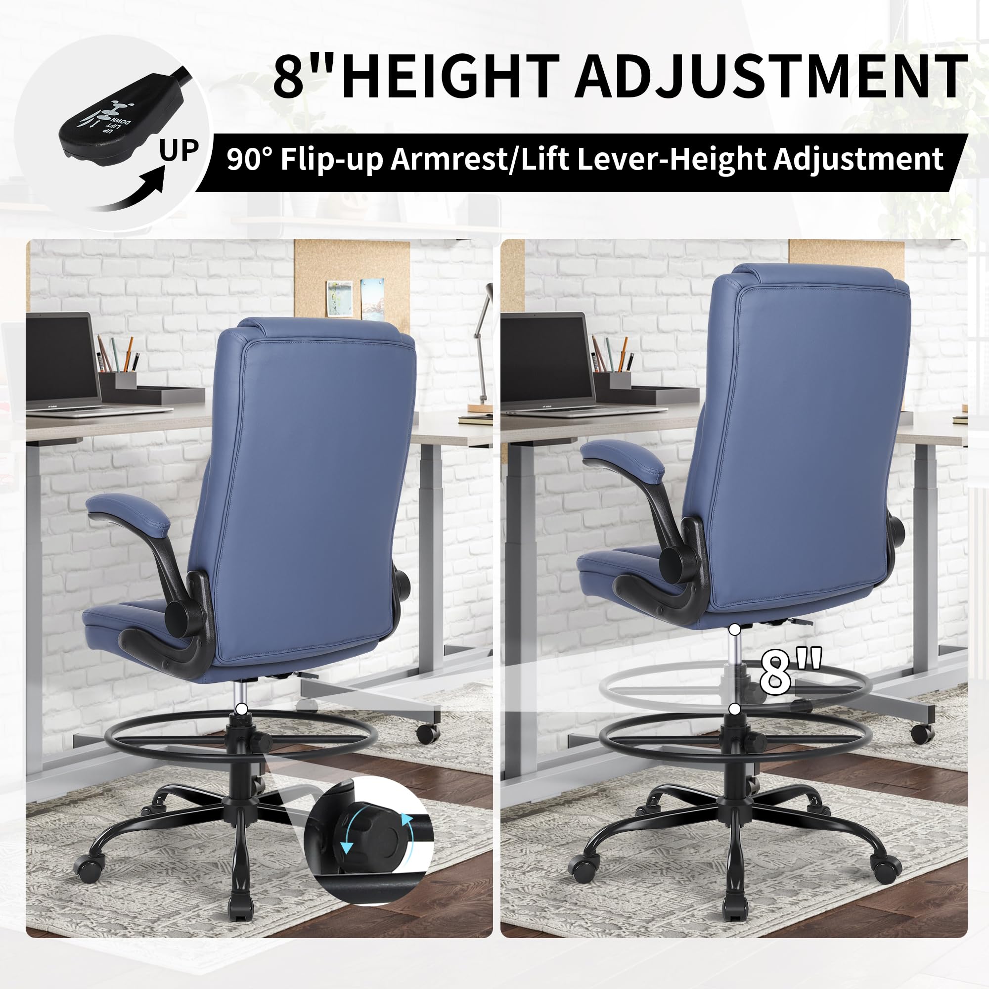 Drafting Chair, Tall Office Chair for Standing Desk, Standing Chair with Adjustable Height and Flip-up Armrest, PU Leather High Office Chair for Counter Height Desk