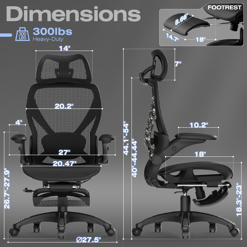 X100 Ergonomic Mesh Office Chair with Footrest, Big and Tall Home Desk Chair with 5D Flip-Up Arms, Adjustable 3D Lumbar Support, Gaming & Executive Computer Chair, Night Reaper