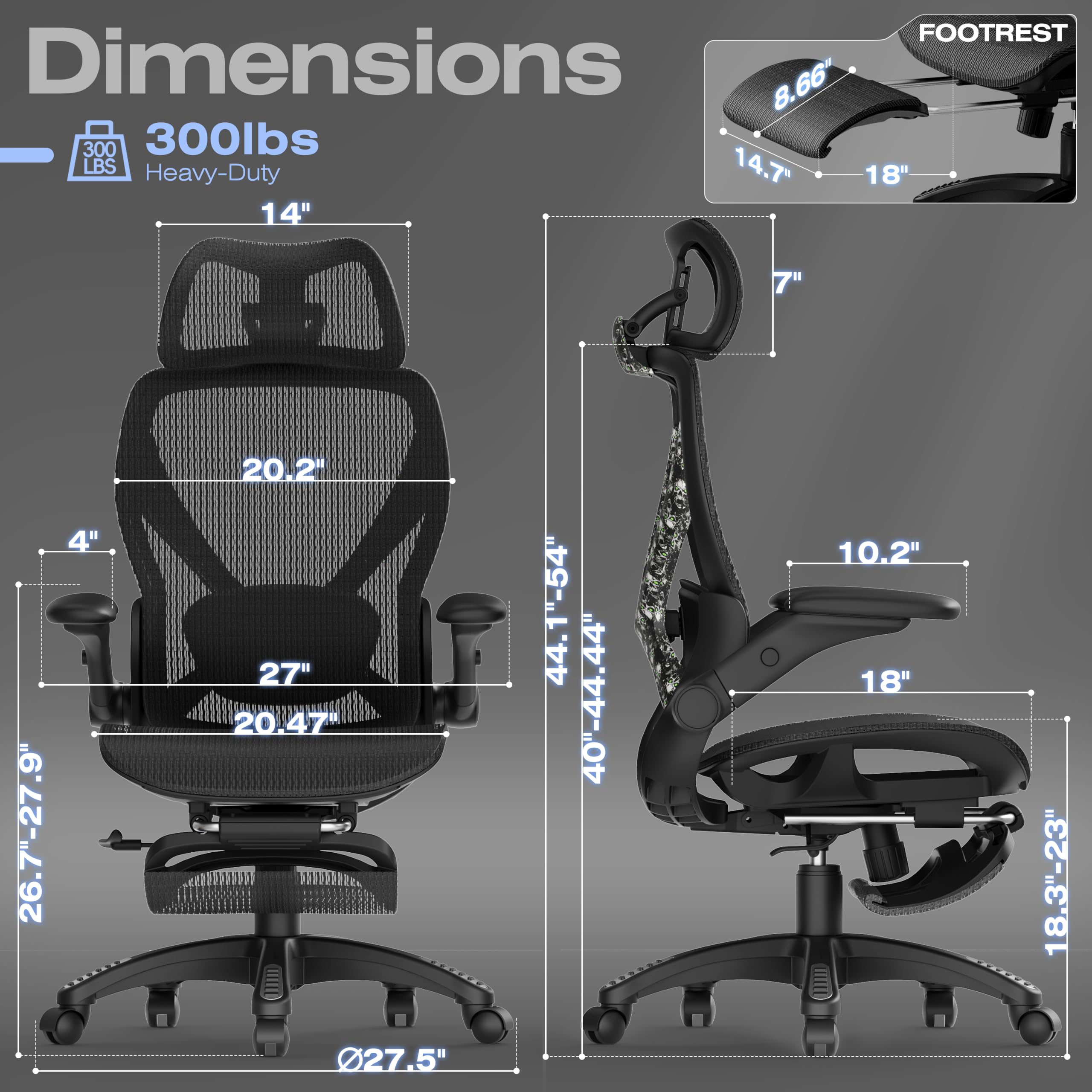 X100 Ergonomic Mesh Office Chair with Footrest, Big and Tall Home Desk Chair with 5D Flip-Up Arms, Adjustable 3D Lumbar Support, Gaming & Executive Computer Chair, Night Reaper