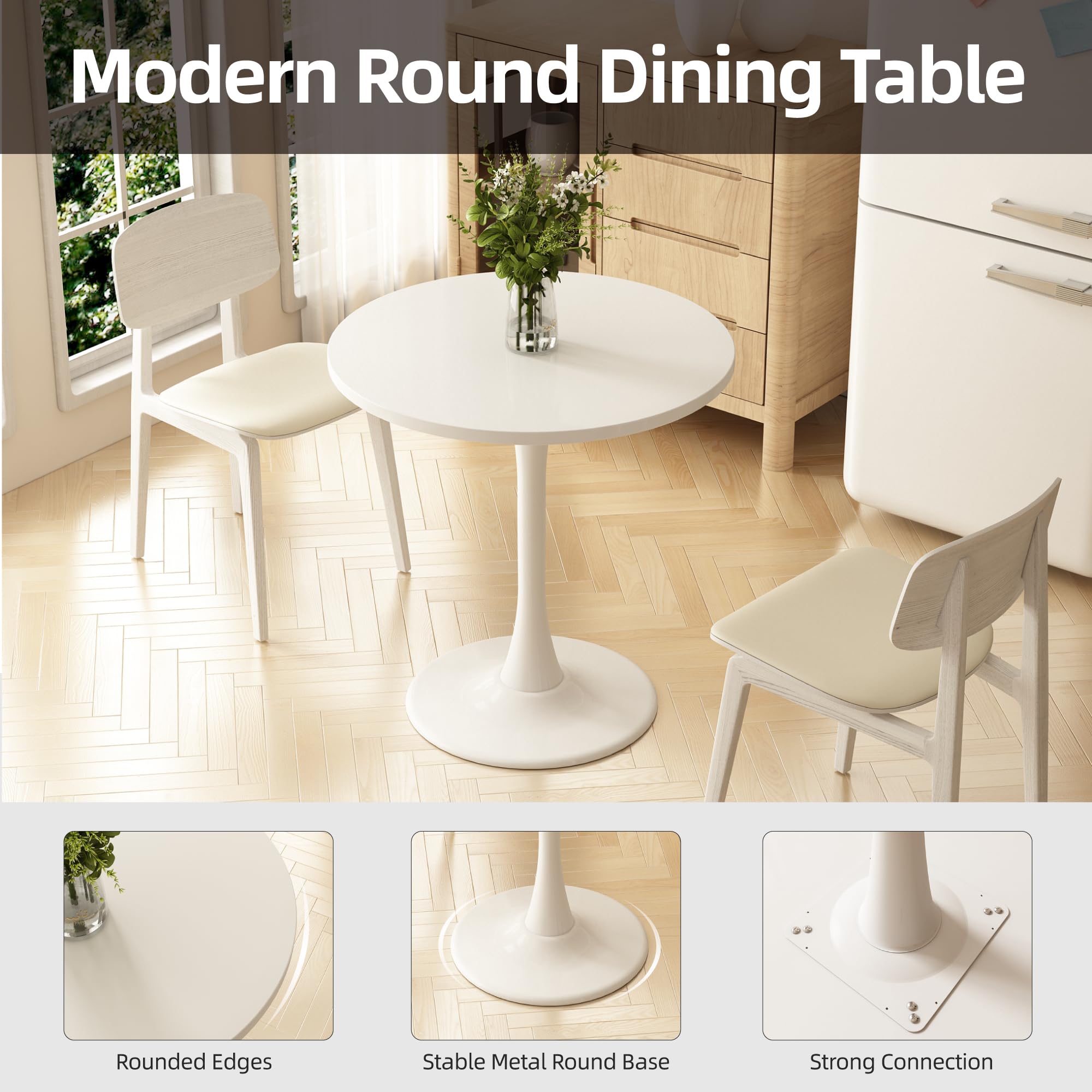 Kasinali Round Dining Table 27.5" Circle Tulip Table with Wood Thickened Tabletop & Sturdy Metal Pedestal Mid Century Modern Leisure Bistro Kitchen Tables 4 People Small Places Living Room Cafe,White