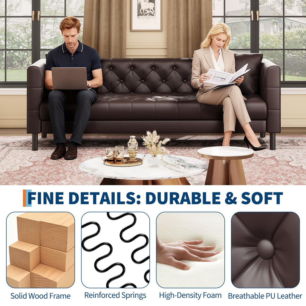 81 in Leather Couch, Modern Sofa Couch with Deep Seat and 2 Pillows, Handmade Button Tufted 3 Seater Sofa, Leather Sofa for Apartment, Office, Dark Brown