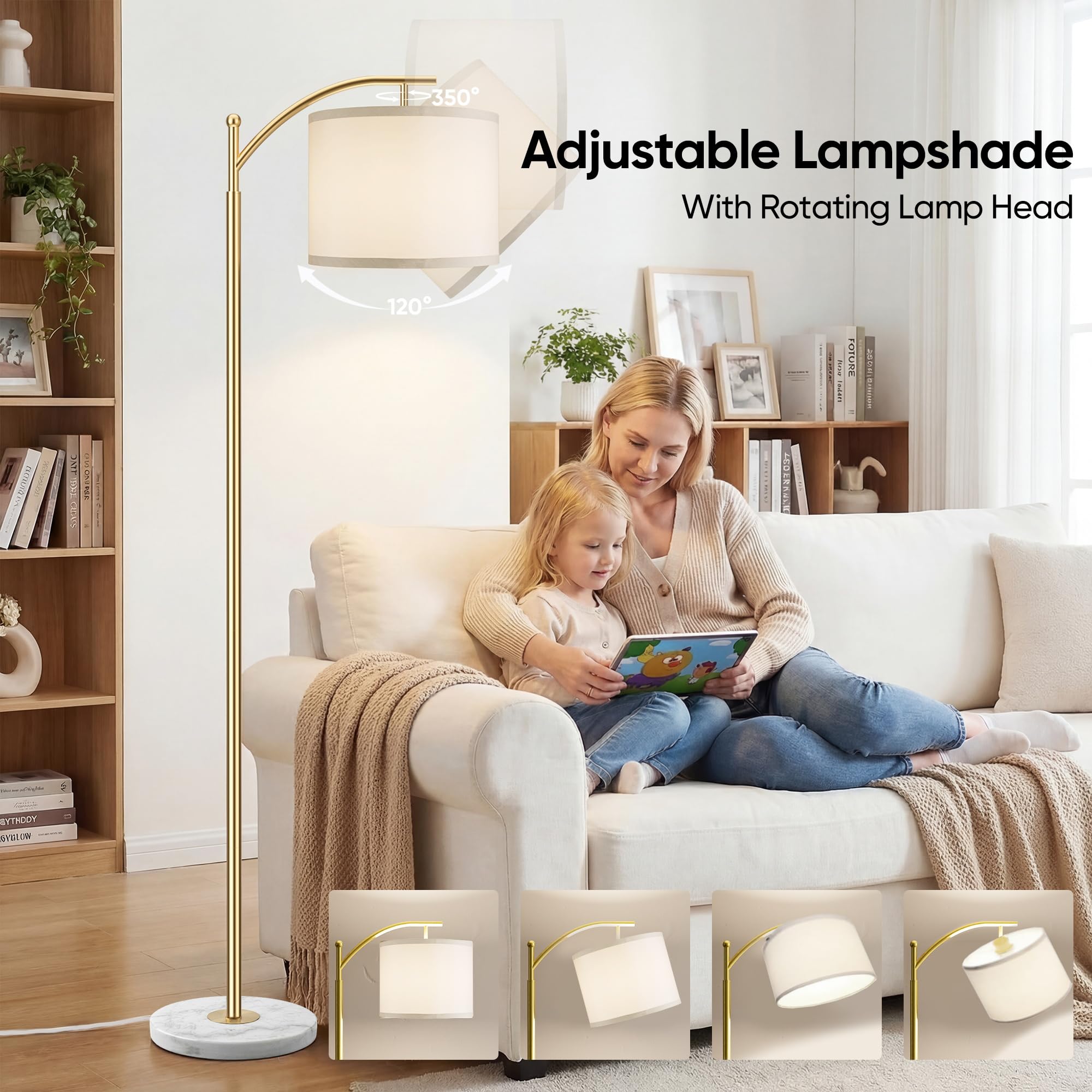 Gold Floor Lamp for Living Room with Marble Base, Modern Standing Lamp with 3 Color Temperatures Bulb & Adjustable Linen Shade, Tall Lamp for Bedroom Office Reading Nursery