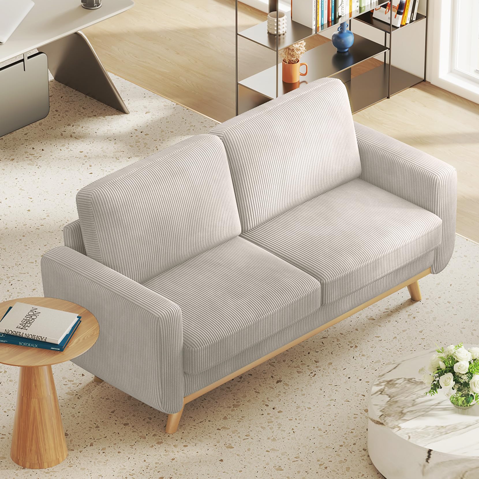 68" Loveseat Sofa Light Grey, Comfy Corduroy Couch with Spring Cushion and Solid Wood, Modern Deep Seat for Bedroom, Living Room, Office