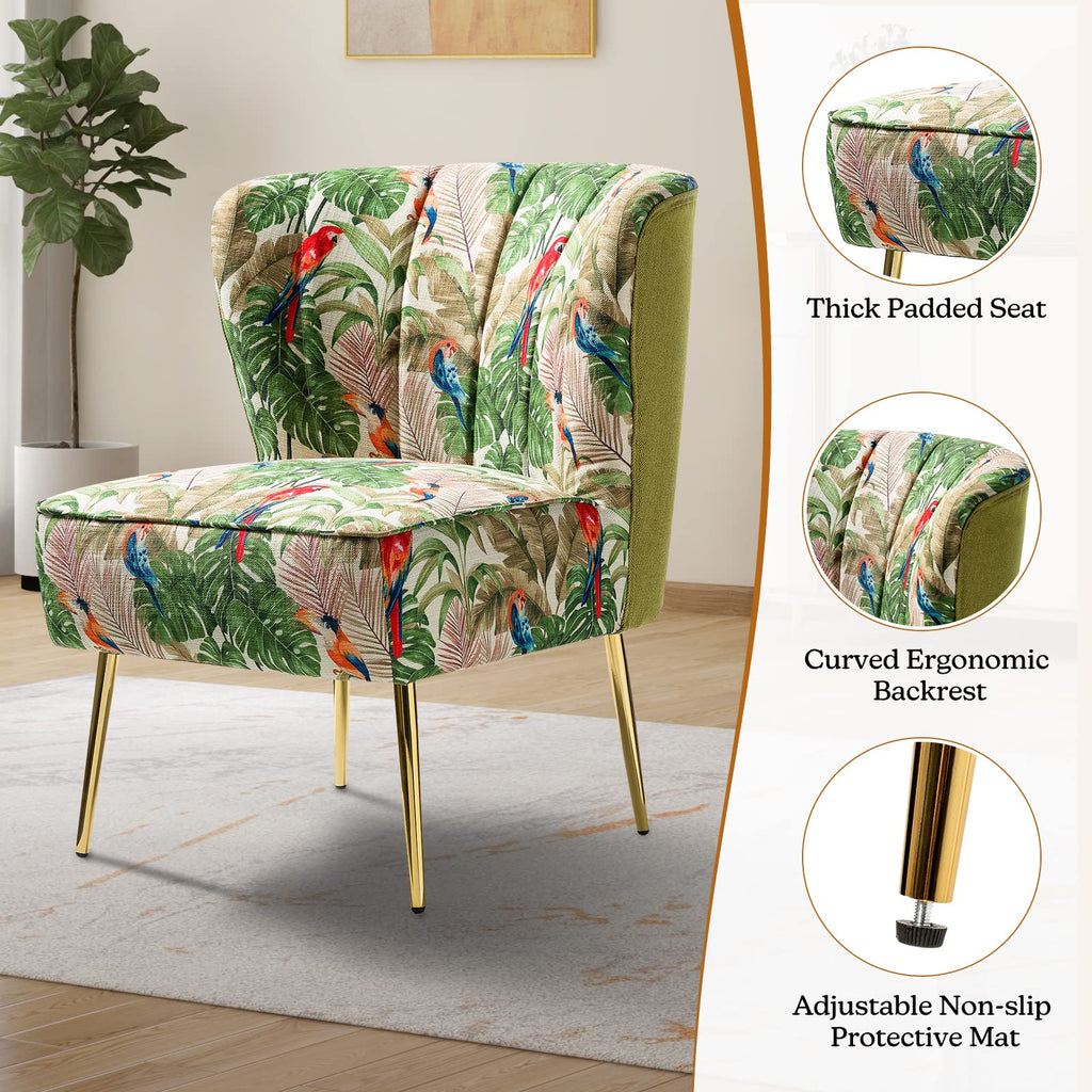 Modern Accent Chair with Golden Legs, Comfy Cute Living Room Chair, Wingback Small Armless Side Chair, Upholstered Tufted Slipper Chair for Bedroom, Reading Room (Tropical Parrot, Green)