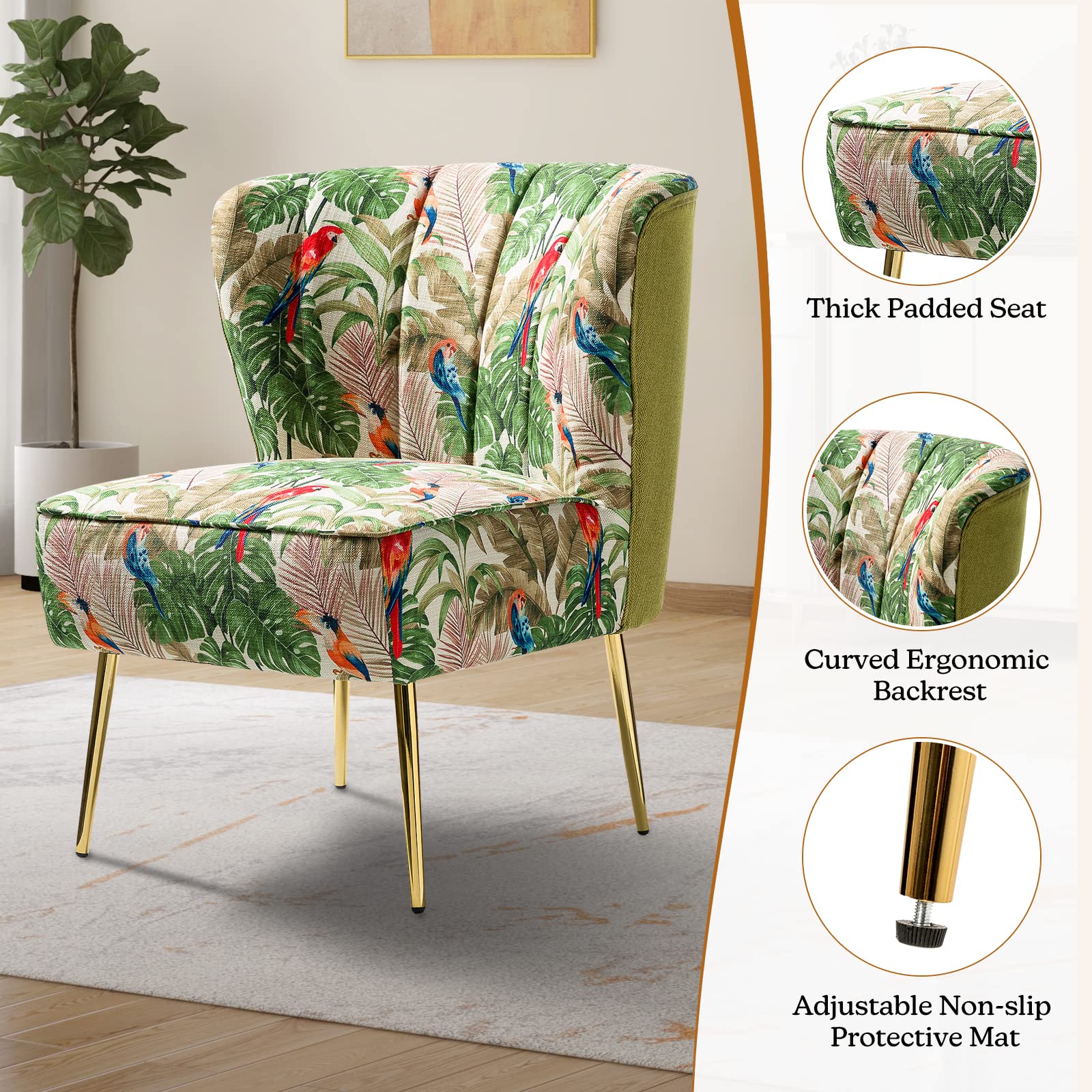 Accent Chair Set of 2 with Golden Legs, Comfy Print Living Room Chair, Wingback Small Armless Side Chair, Upholstered Tufted Slipper Chair for Bedroom, Reading Room(Tropical Parrot, Green)