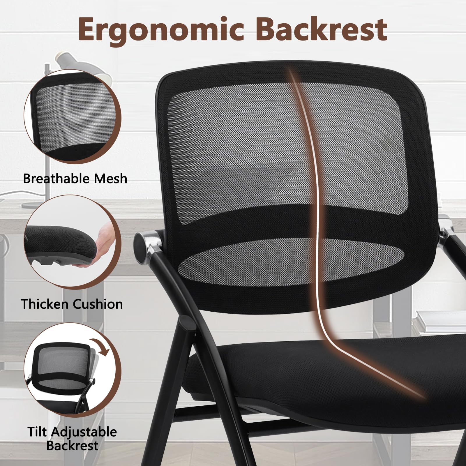 (2pk) Stackable & Foldable Chairs with Wheels, Reception Guest Chairs with Lumbar Support, Ergonomic Curved Mesh Back Folding Chair for Office Schools Conference Waiting Room, Black