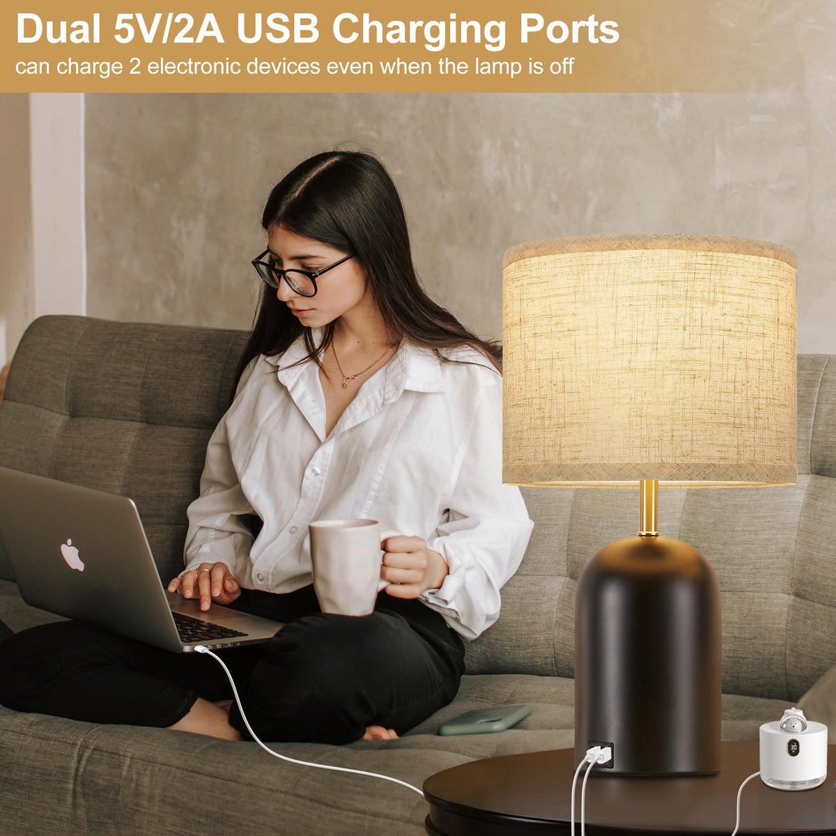 Touch Control Table Lamps Set of 2, Black Bedside Lamps for Bedroom