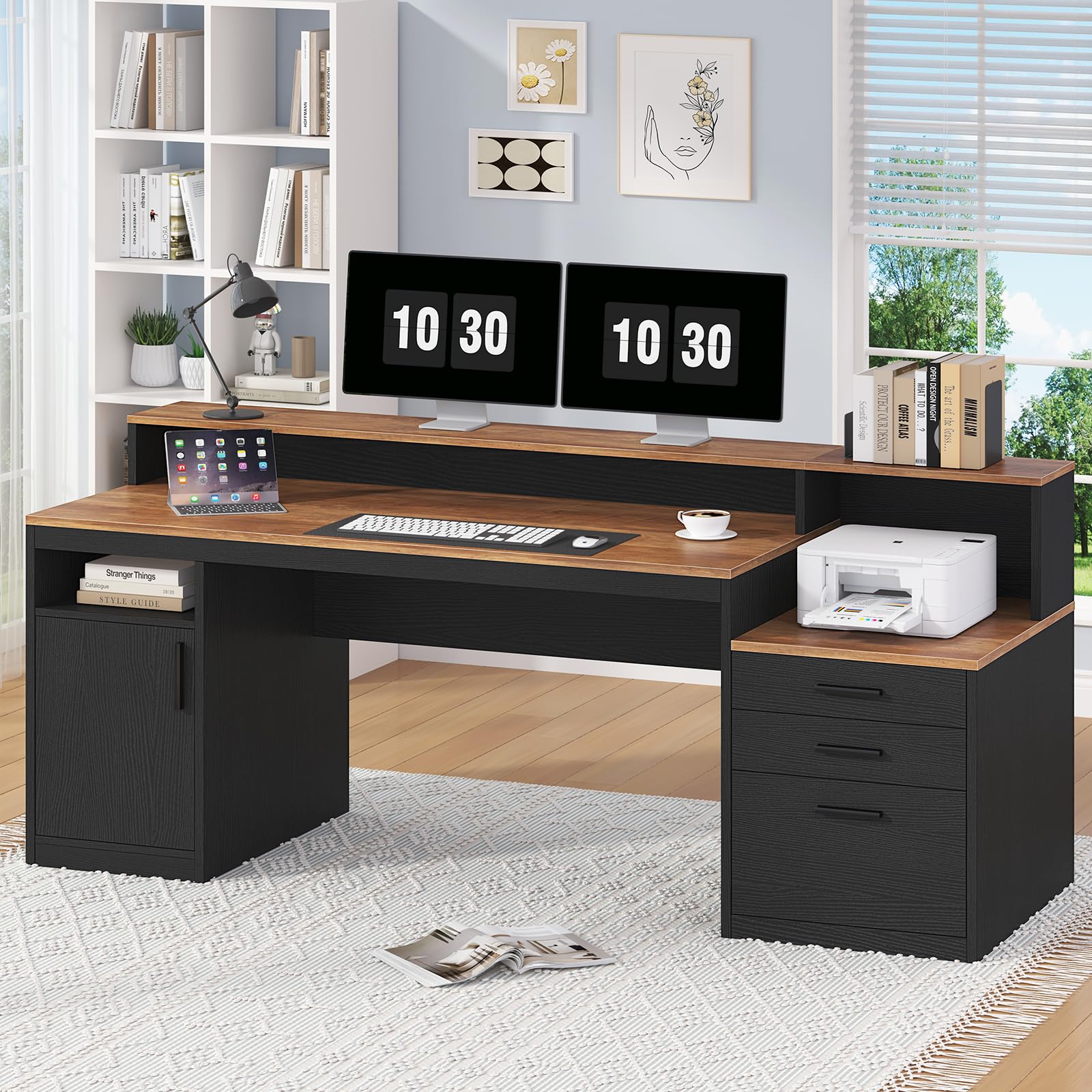 Computer Desk with 3 Drawers & Storage Shelves, 65 Inch Home Office Desk with File Drawer & Cabinet, Writing Study Desks with Monitor Stand & Printer Shelf, Executive Desk, Brown and Black