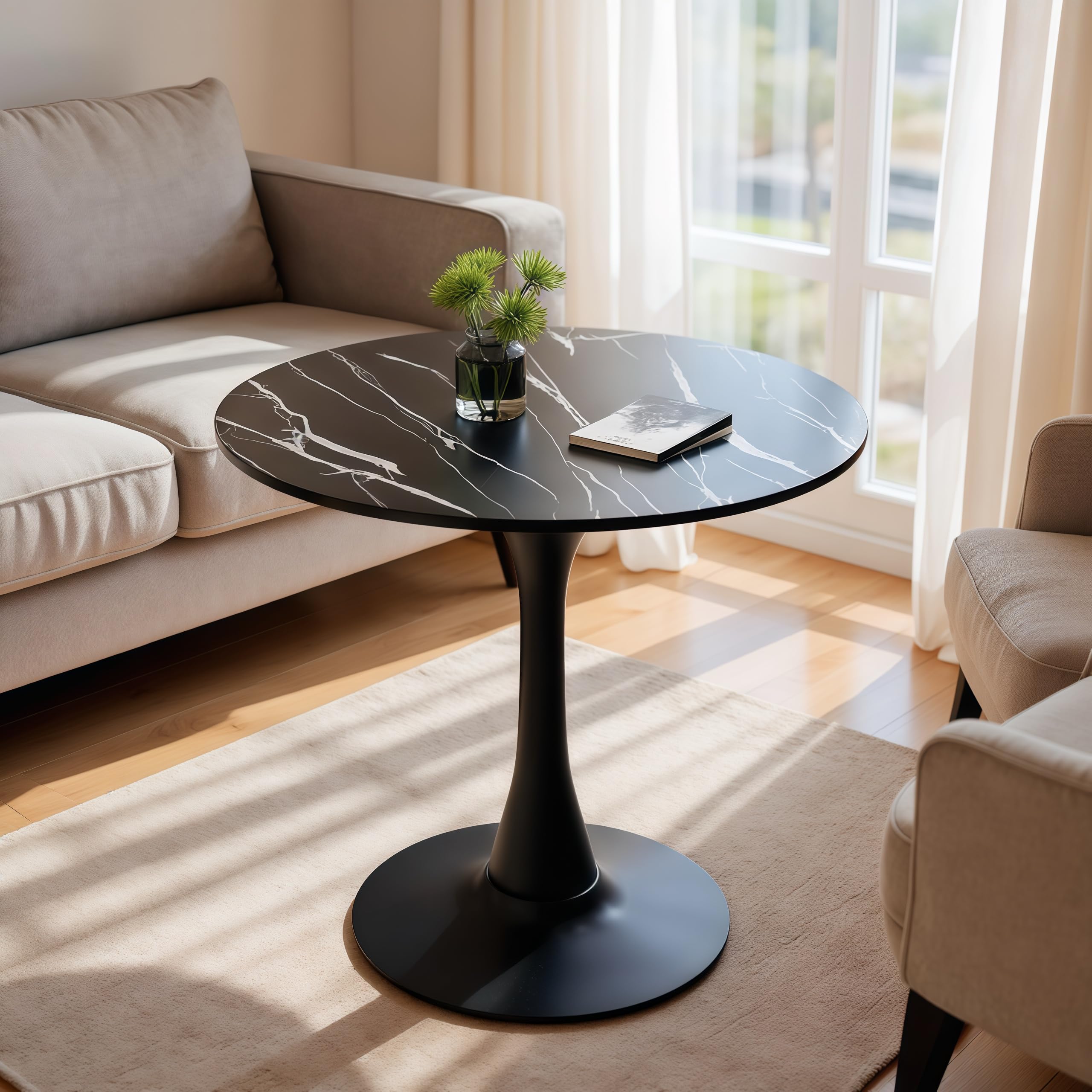 Sybrioka 24" Tulip Table for 1-2 Persons Modern Round Dining Table, Mid-Century Modern Black Marble Small Kitchen Table with MDF Wooden Top, Leisure Coffee Table for Living Room, Dining Room, Office