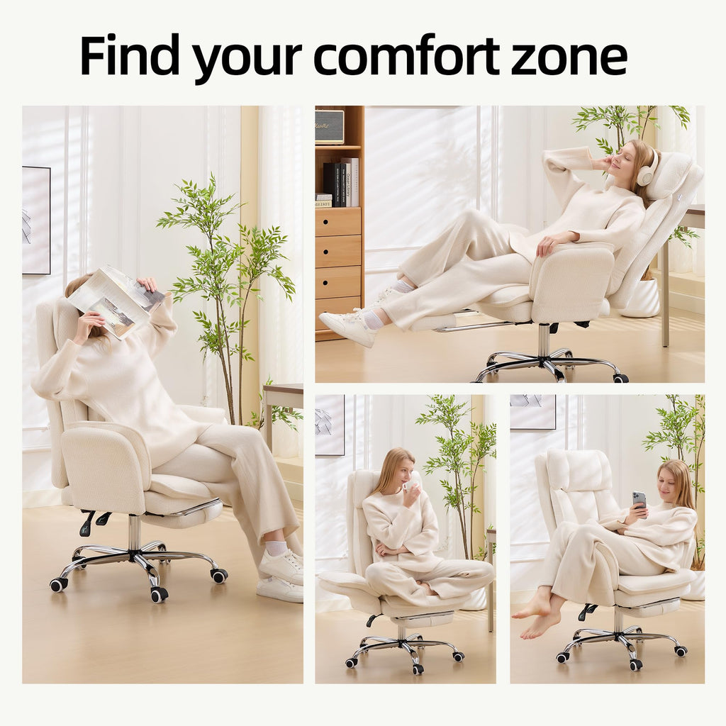 Criss Cross Office Desk Chair with Foot Rest and Flip Armrests for Pets Friendly & Extra Space, Ergonomic Reclining Gaming Computer Chair with Lumbar Pillow(Chenille Fabric Off-White)