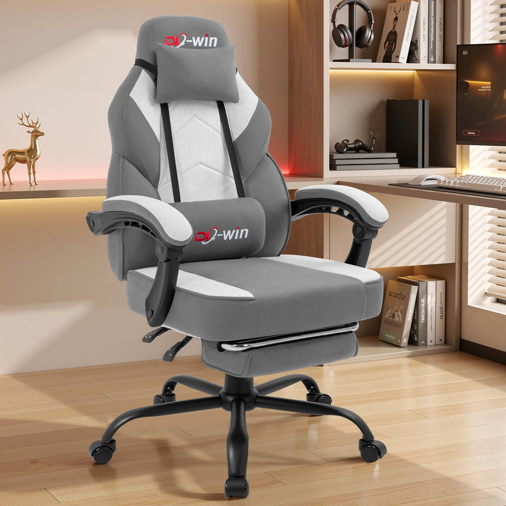 Gaming Chair for Adults with Footrest & Massage Lumbar Support, Ergonomic High Back Gamer Chair, Adjustable Swivel Computer Gaming Chairs with Headrest and Linkage Armrests,Green (Greige)