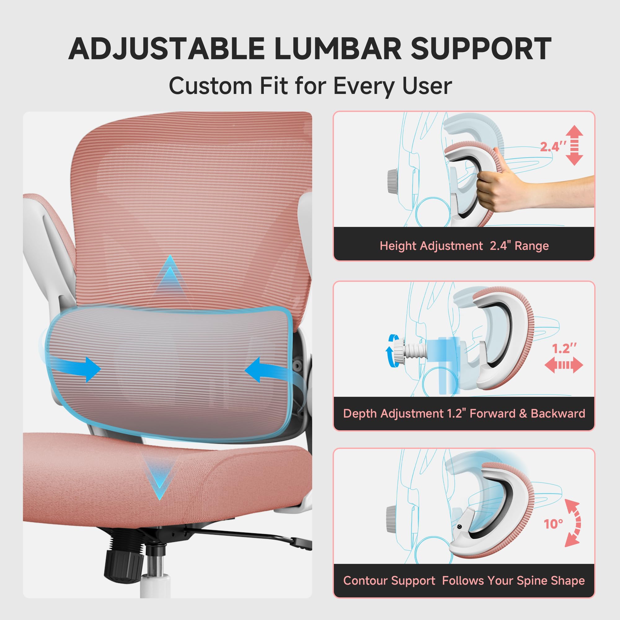 Mesh Office Chair, 330LBS Ergonomic Desk Chair with Adjustable Lumbar Support, Executive Computer Chairs for Home Office, Pink