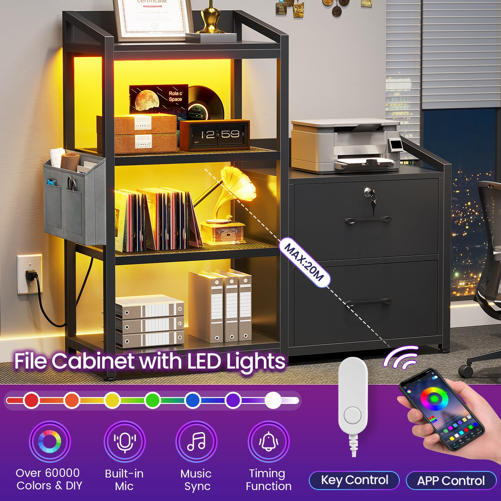 35.4” File Cabinet, Filing Cabinet fits Letter/A4 Size, 2 Drawe File Cabinets for Home Office with Power Strip, LED Lights, Lock, Open Shelf, Black