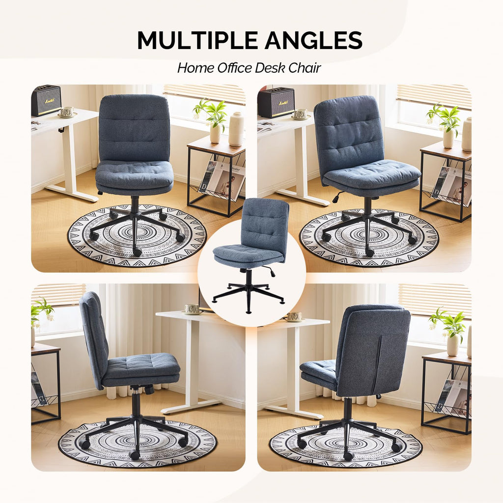Mid Back Armless Office Desk Chair with Wheels/no Wheels,360°Rocking Swivel Vanity Chair with Thickened Cushion,Adjustable Height Rolling for Reading Room, Make up, Linen Navy Blue