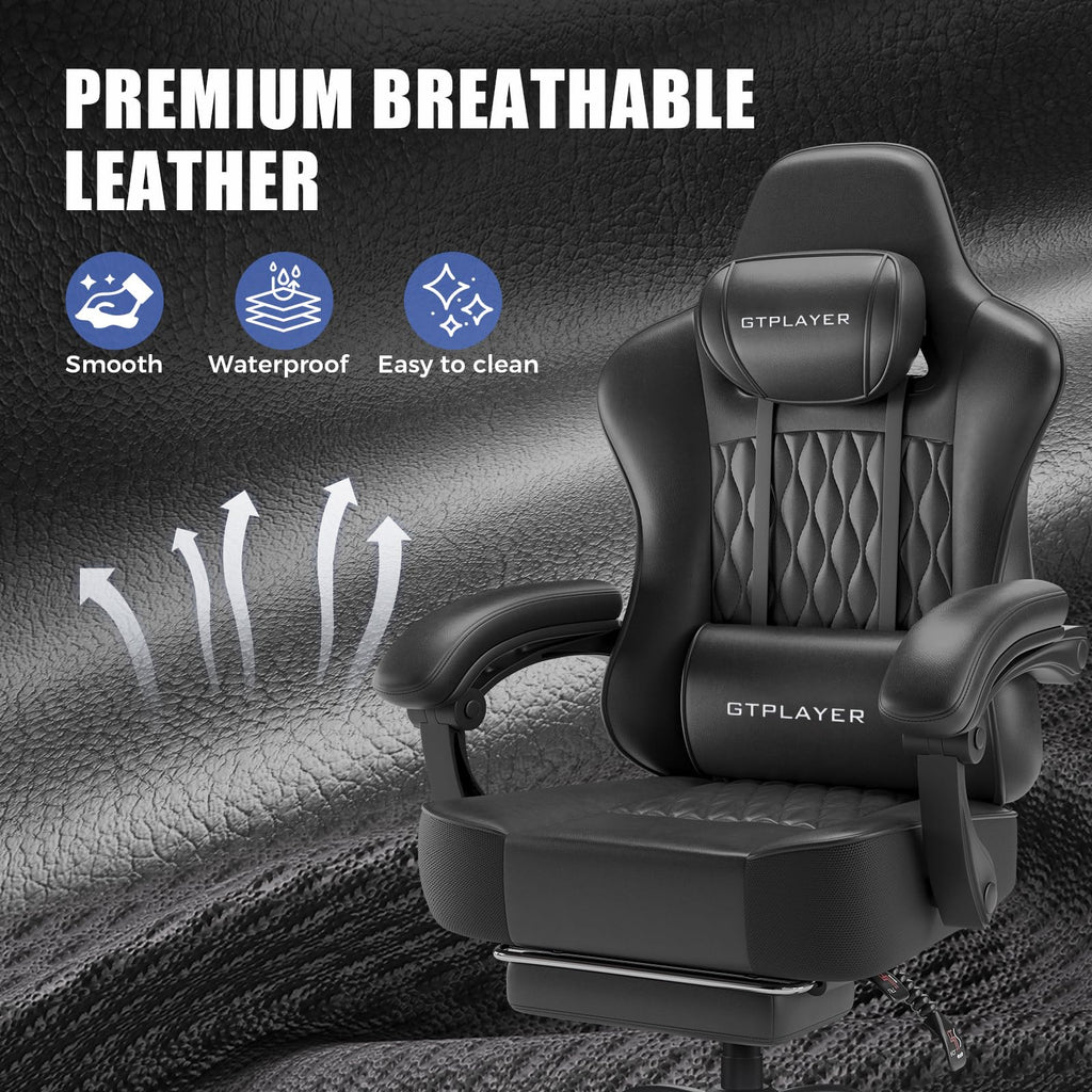 Big and Tall Gaming Chair with Footrest, Ergonomic Office Desk Chair with 4.4in Thick Cushion and Wide Wingless Seat, Comfortable Leather Computer Chair, Predator Series, Satin Black