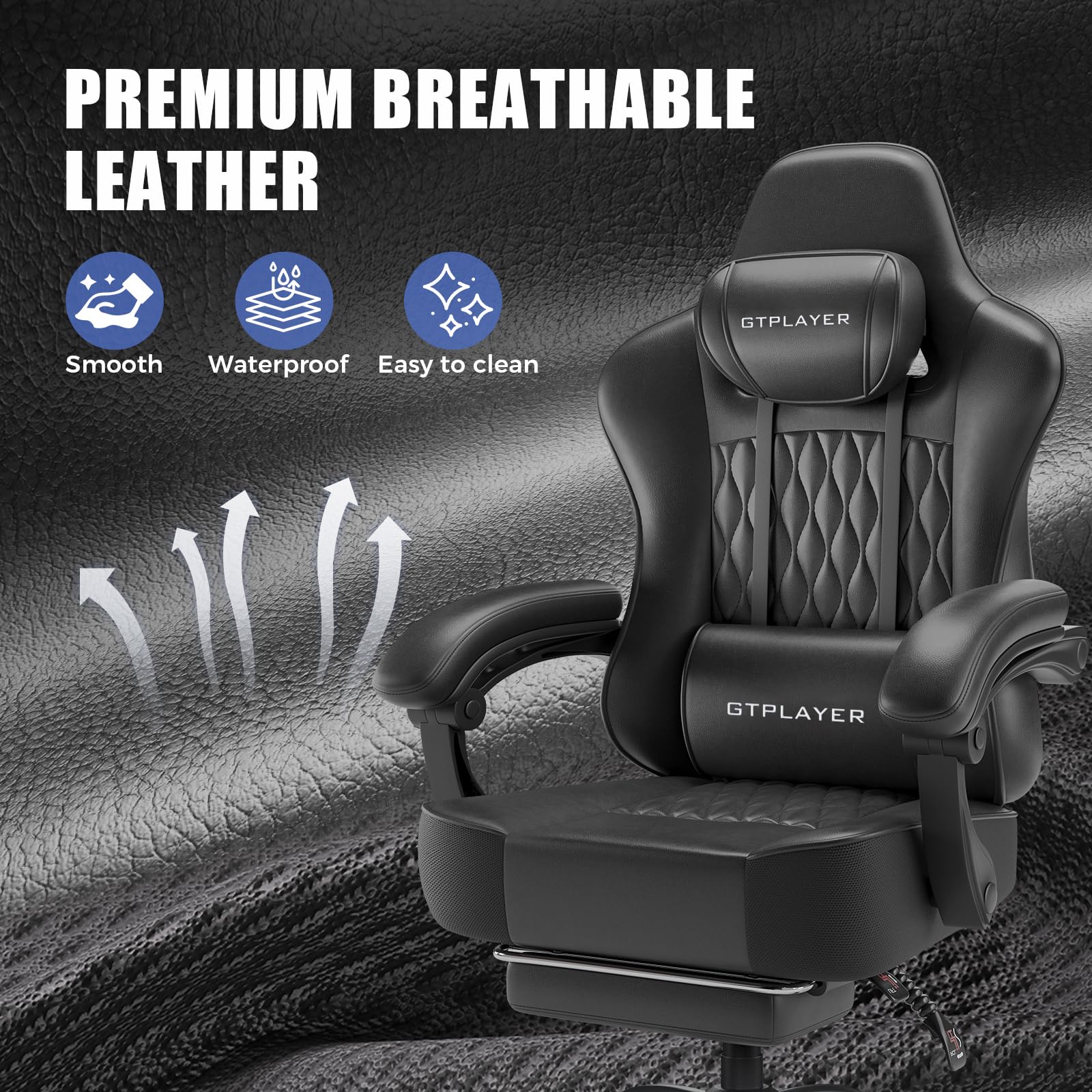 Big and Tall Gaming Chair with Footrest, Ergonomic Office Desk Chair with 4.4in Thick Cushion and Wide Wingless Seat, Comfortable Leather Computer Chair, Predator Series, Satin Black