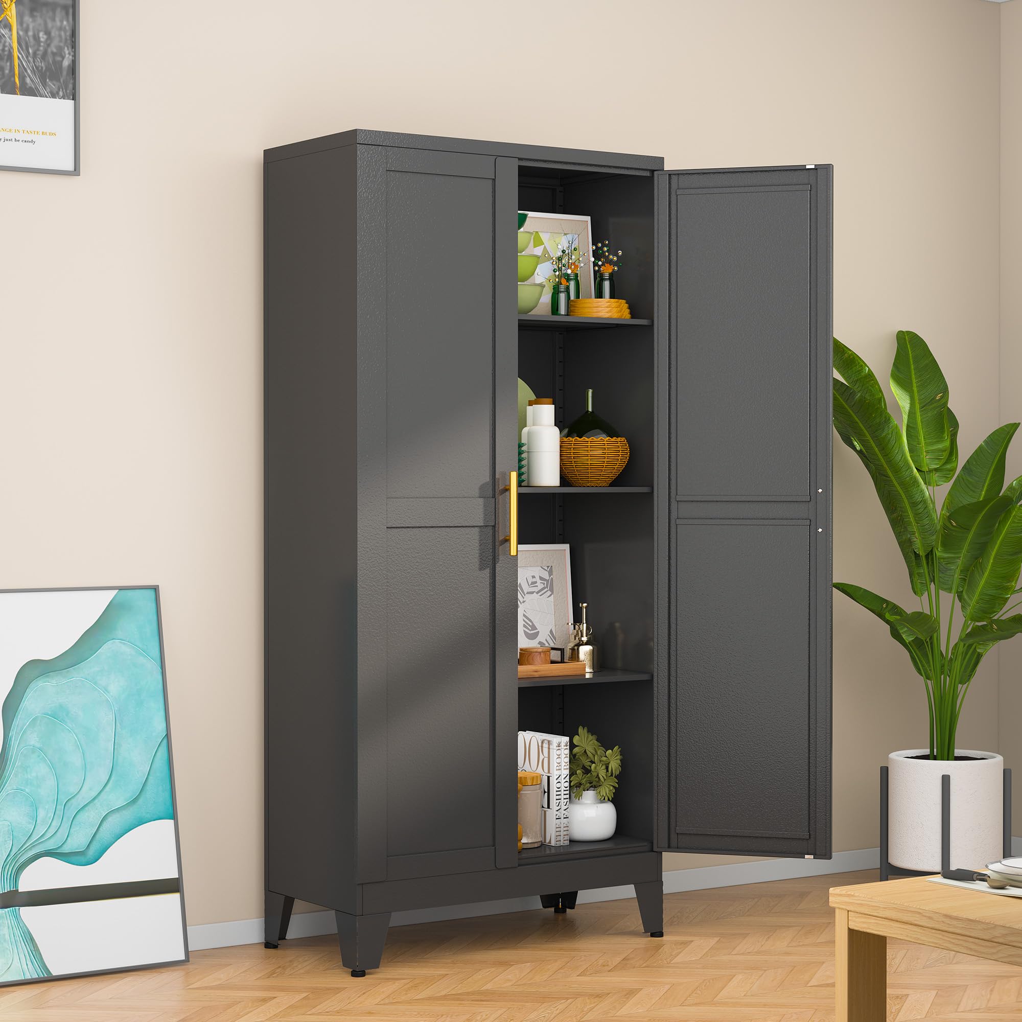Black Pantry Cabinets, 48" Metal Storage Cabinet for Office