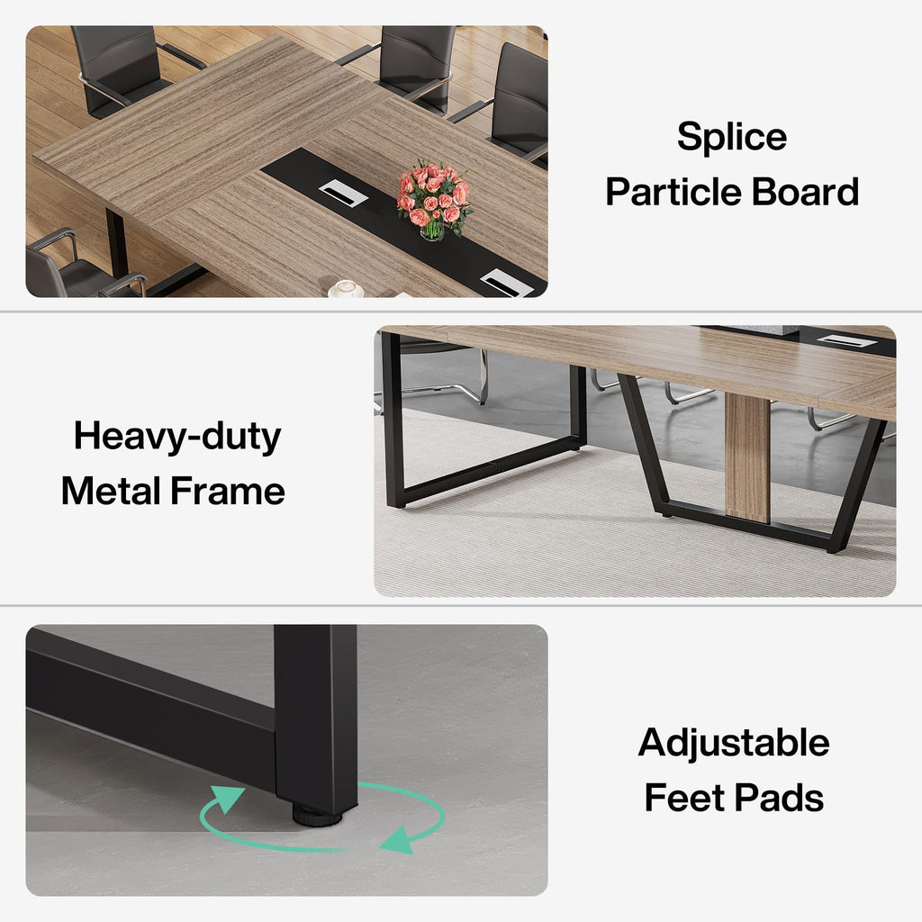 8FT Conference Table Set of 2, Large Meeting Podcast Table for 10 People, Business Style Wooden Training Table with Strong Metal Frame for Office Conference