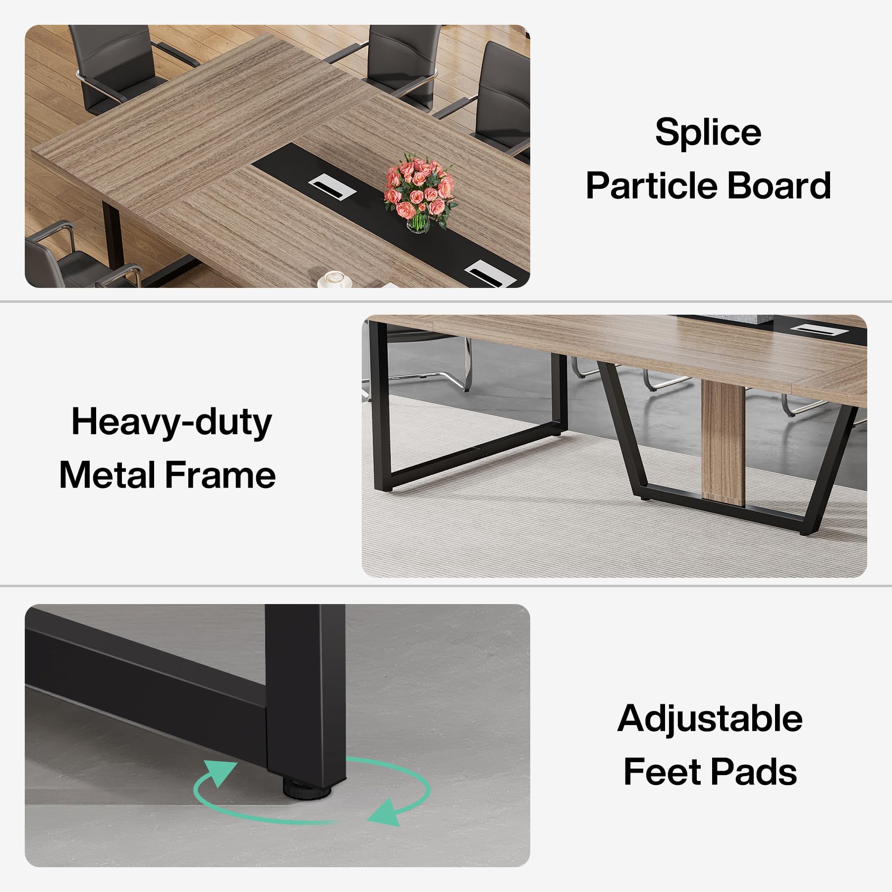 8FT Conference Table Set of 2, Large Meeting Podcast Table for 10 People, Business Style Wooden Training Table with Strong Metal Frame for Office Conference