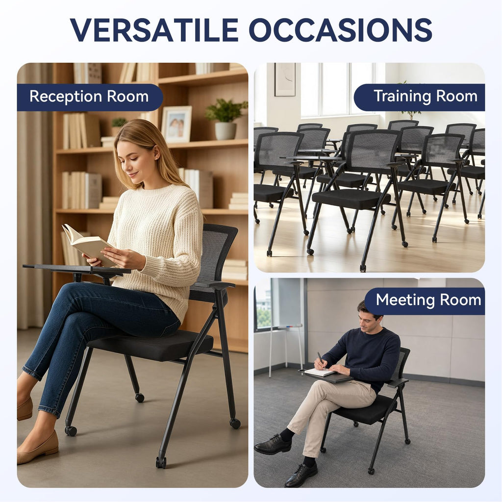 Ergonomic Foldable Office Chair with Breathable Mesh Back, Stackable Conference Chair - PU Wheels & Armrest for Guest, Meeting, Reception (Black-A2)