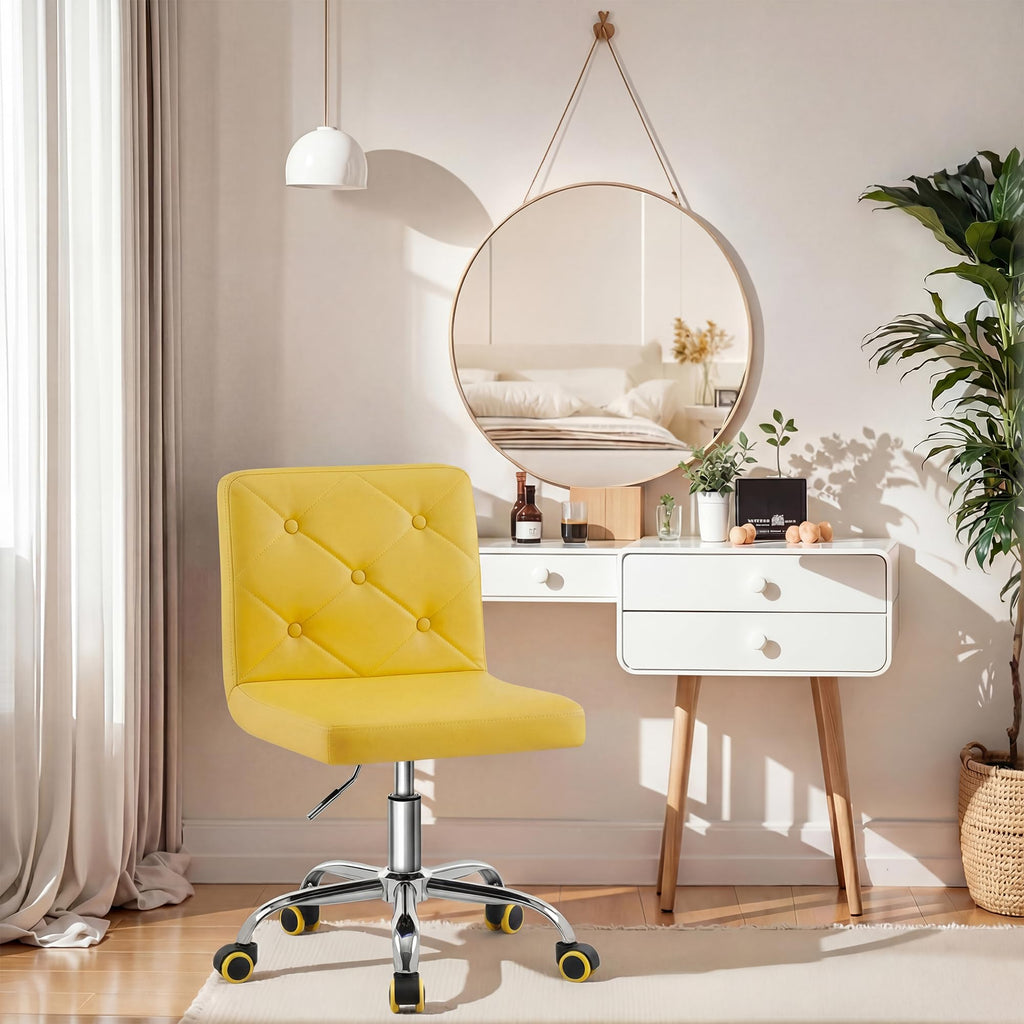 PU Leather Mid-Back Armless Vanity Chair Adjustable Height 360° Rolling Swivel for Office Work