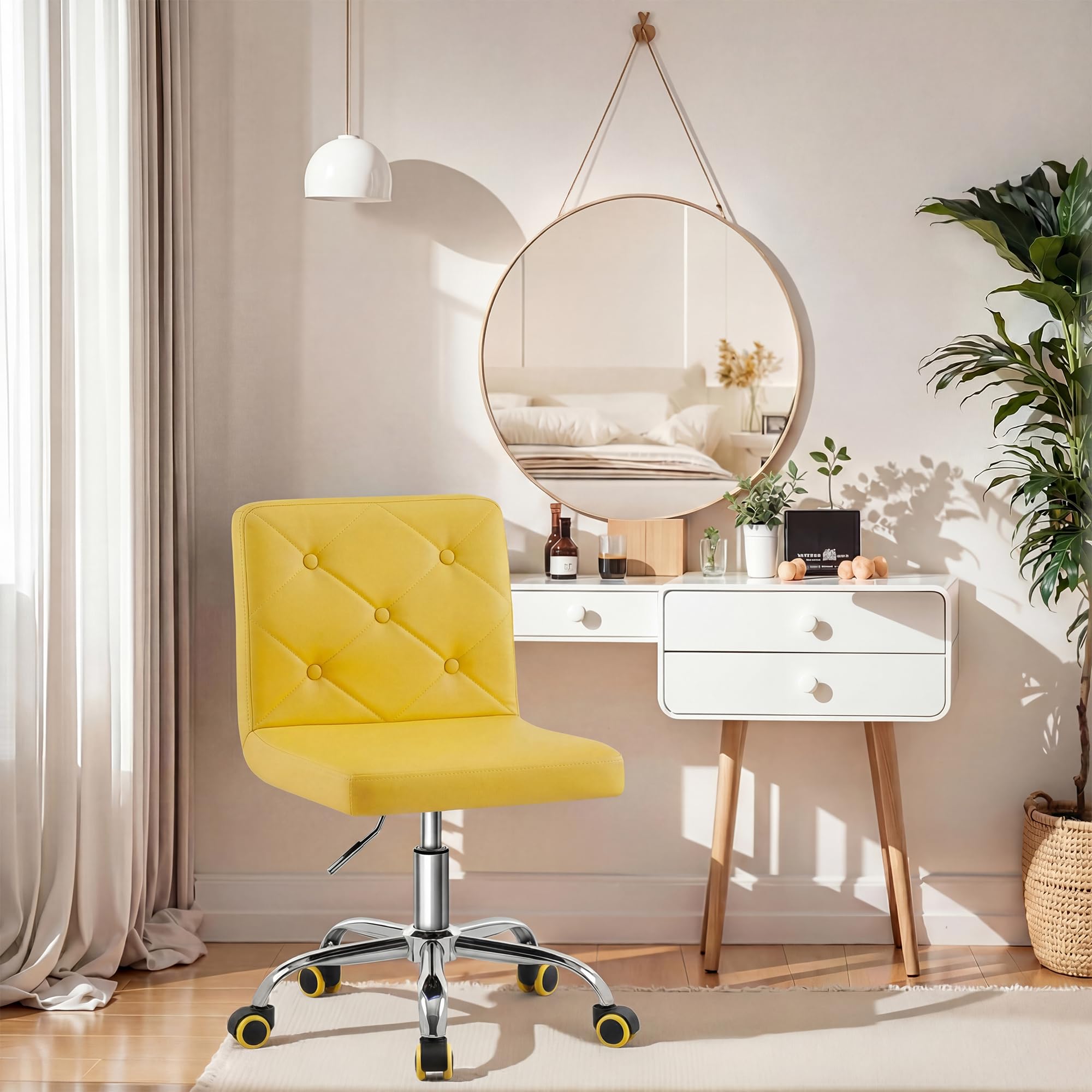 PU Leather Mid-Back Armless Vanity Chair Adjustable Height 360° Rolling Swivel for Office Work
