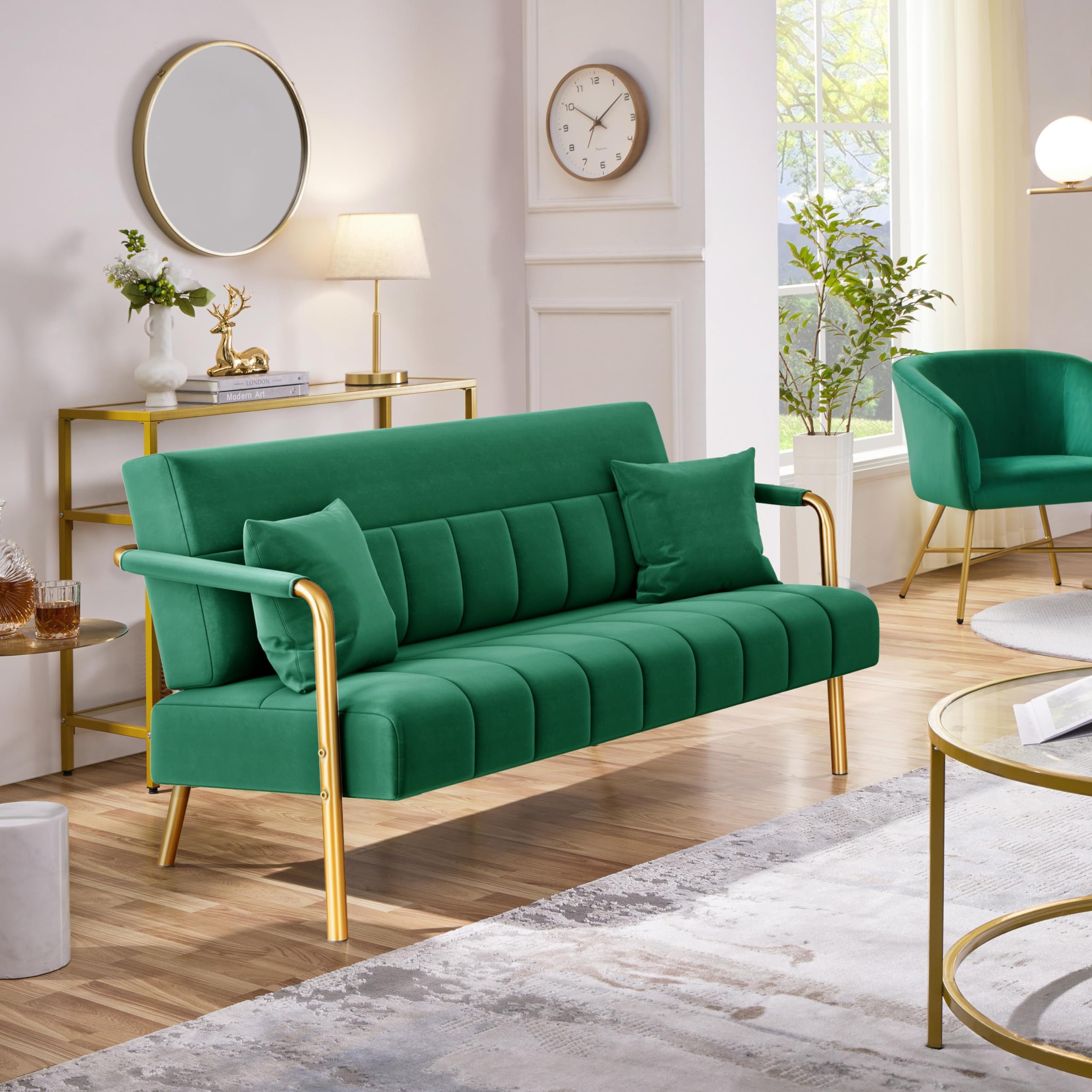 56.5" W Modern Sofa Small Sofa Luxurious Velvet Fabric Couch with Gold-Tone Metal Arms and Legs for Living Room, Office, Studio Green