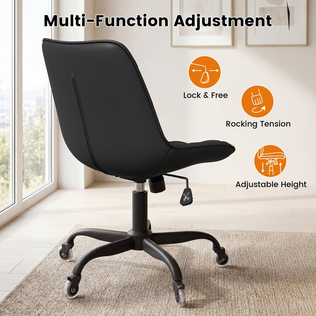 Armless Office Chair, Mid Back Modern Desk Chair with Rubber Wheels, 360 Swivel PU Leather Office Chair No Arms, Adjustable Height Small Computer Chair, Armless Desk Chair for Office, Black