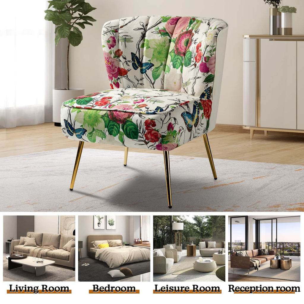 Armless Accent Chair with Gold Metal Legs, Comfy Tufted Floral Fabric Living Room Chair Wingback Small Side Chair, Upholstered Slipper Chair for Bedroom, Reading Room (Print Flower, IVORY)