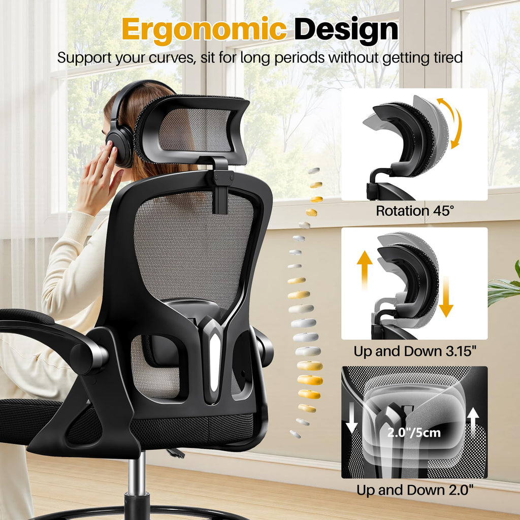 Drafting Chair, Tall Office Chair for Standing Desk, Ergonomic High Back with Headrest, Lumbar Support, Foot Ring and Flip-up Armrests, Black