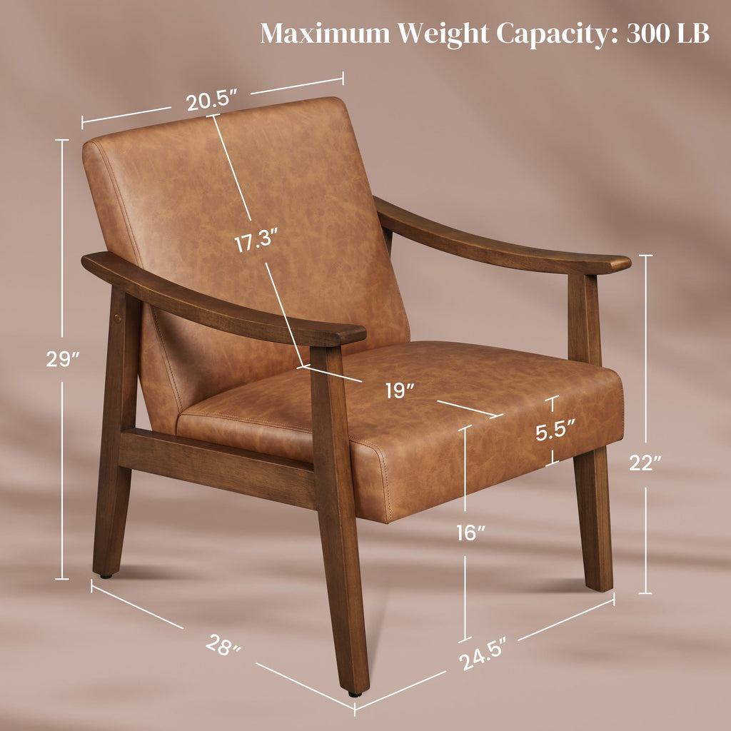 PU Leather Accent Chair, Mid-Century Modern Armchair with Solid Wood Legs, Reading Leisure Chair with High Back for Living Room Bedroom Waiting Room, Brown
