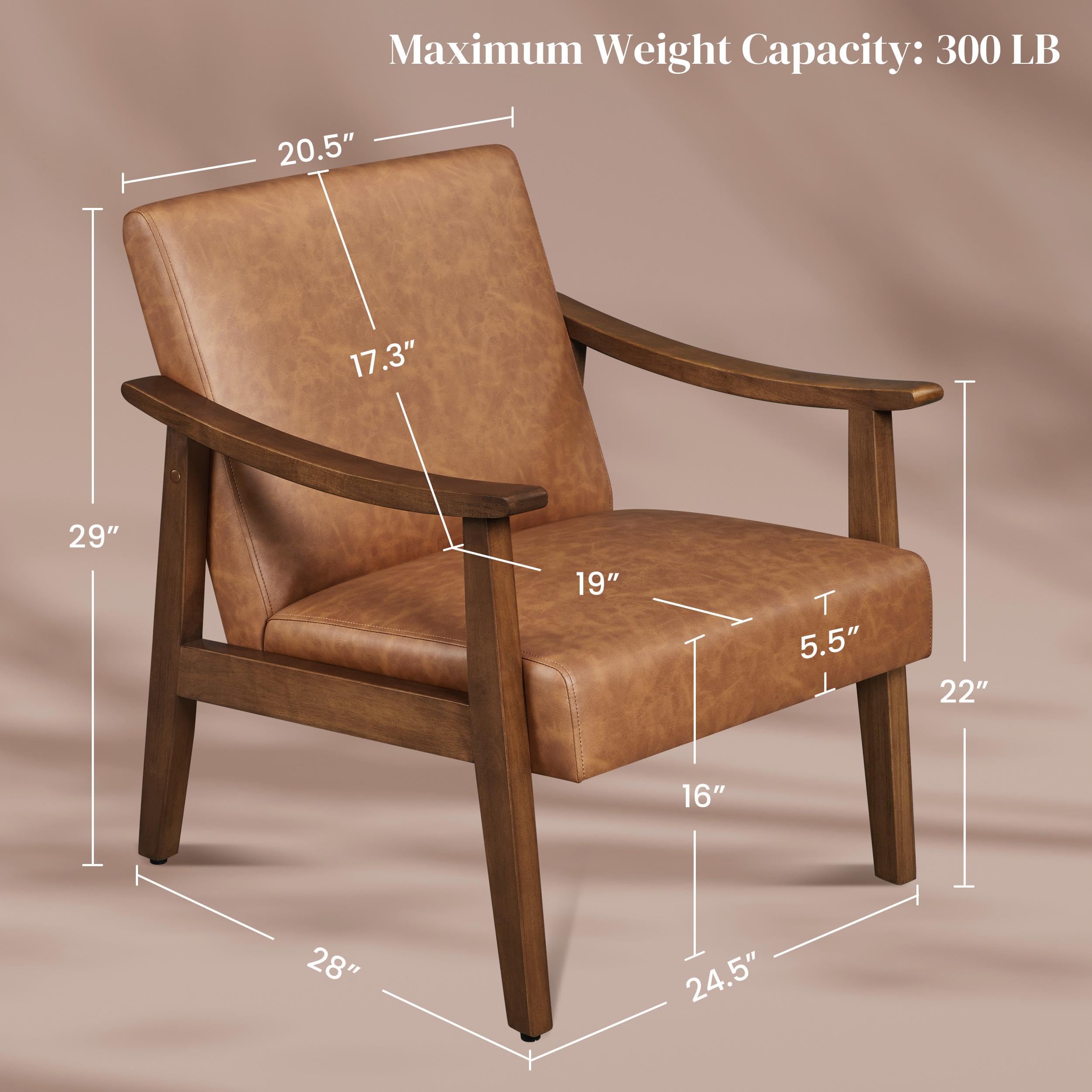 PU Leather Accent Chair, Mid-Century Modern Armchair with Solid Wood Legs, Reading Leisure Chair with High Back for Living Room Bedroom Waiting Room, Brown