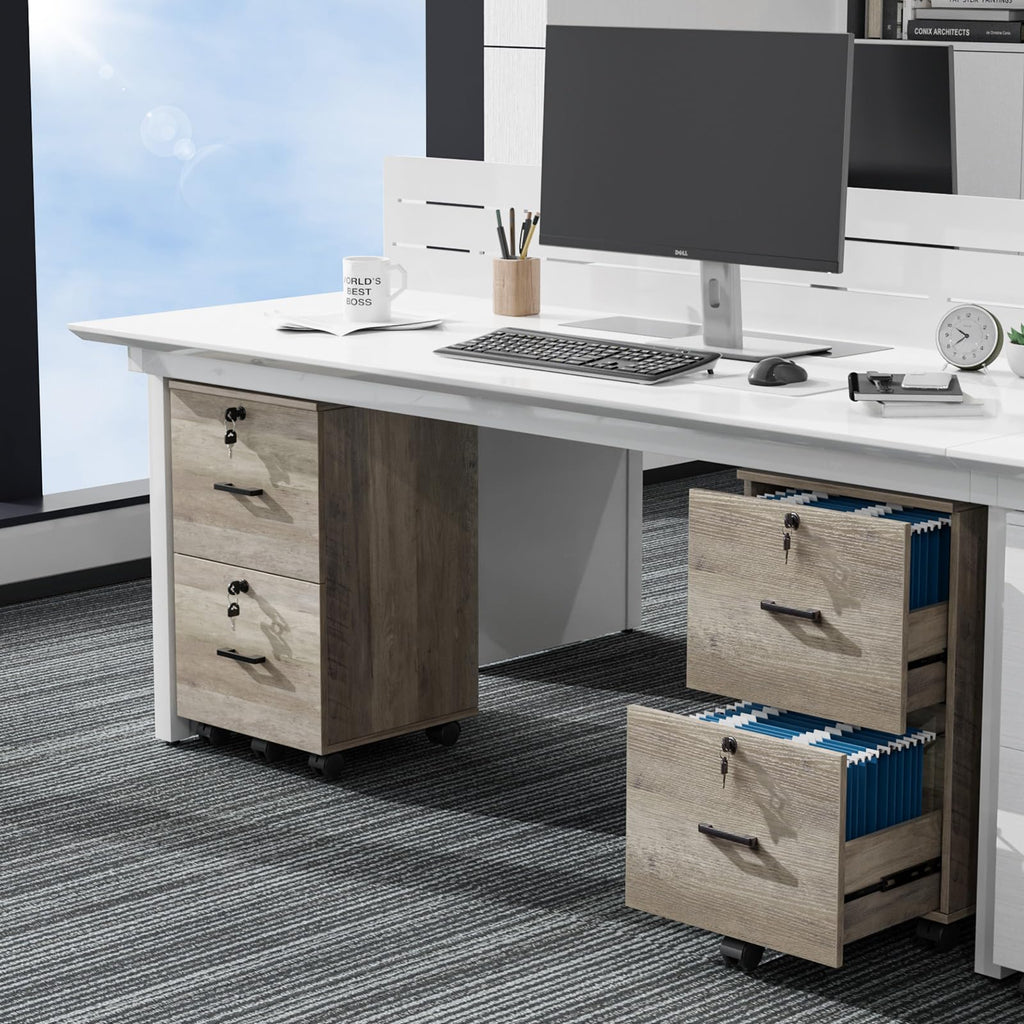 2 Drawer File Cabinet with Lock, Wood Rustic Gray Filing Cabinet for Letter Size File Folders with Tabs, Under Desk Rolling File Cabinets for Home Office, Mobile File Organization Printer Stand