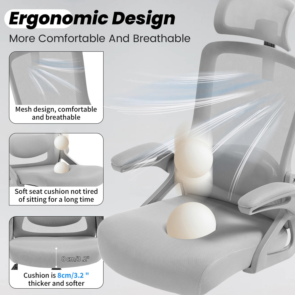 Office Chair, Ergonomic Office Chair with Adjustable Headrest Lumbar Support Computer Chair, 400 lbs Desk Chair Comfy with Flip-up Armrests - Gaming Chairs for Adults Home Office (Gray)