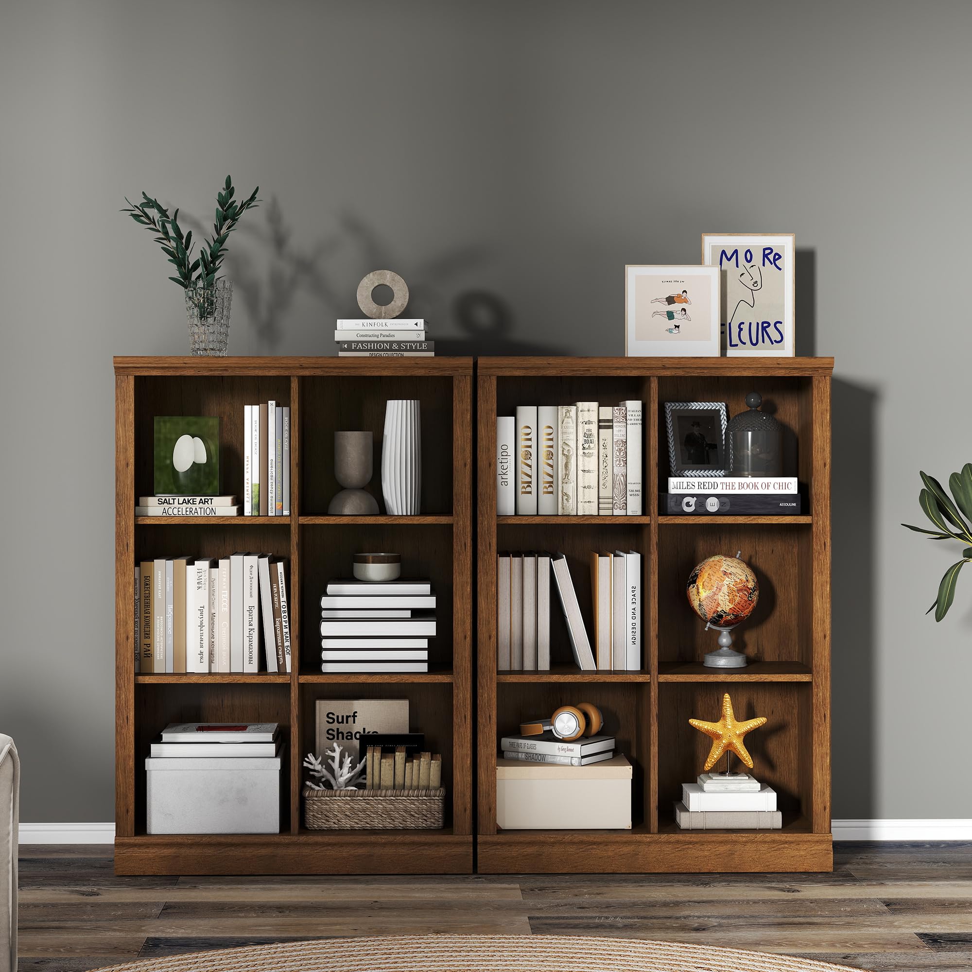 3 Tiers 6 Cube Storage Organizer Bookcase, 30 inch Width Wooden Book Shelf