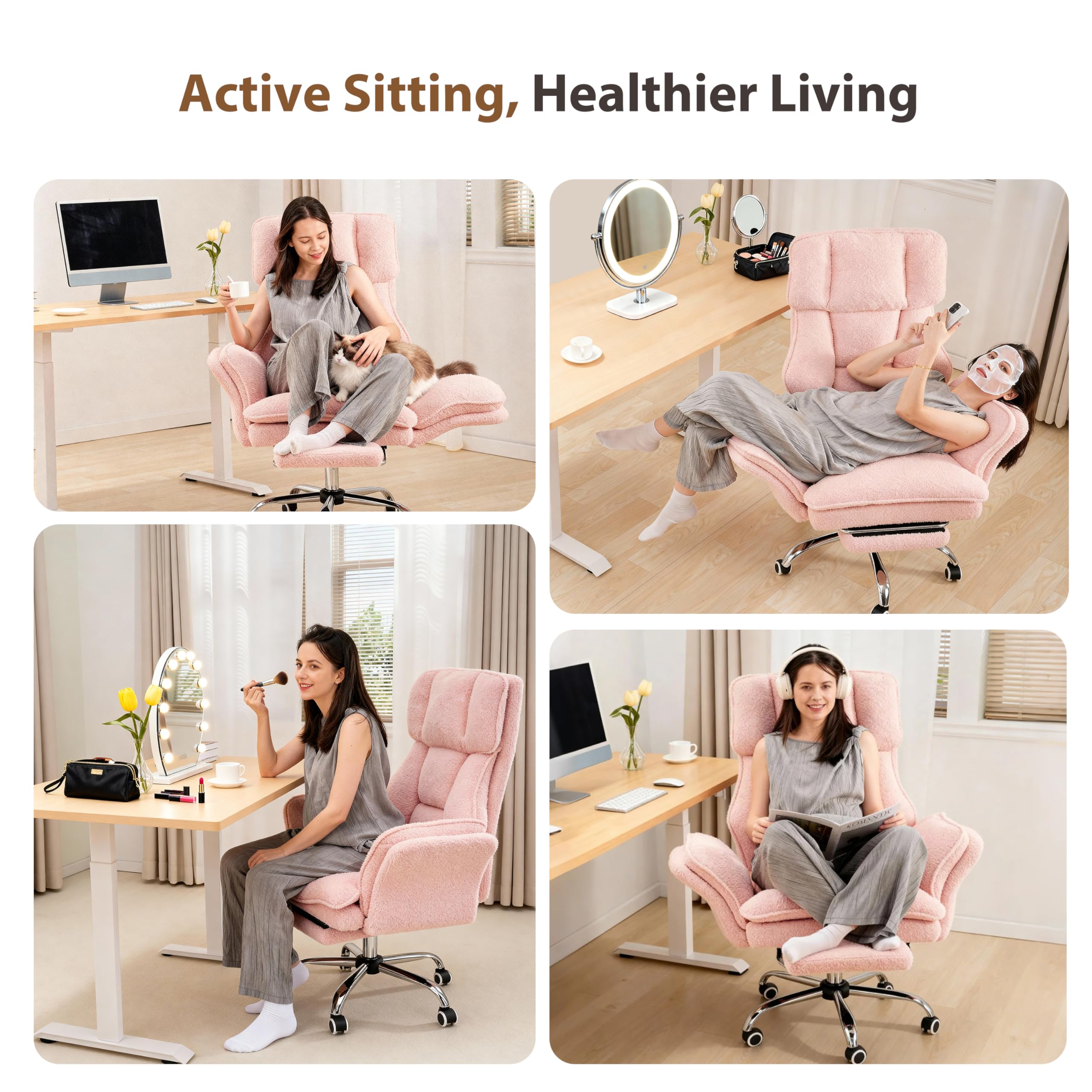 Big and Tall Office Chair, Flip Armrests for Pets & Cross Legged Sitting, Executive Ergonomic Computer Gaming Chair with Foot Rest, Teddy Fleece Wide Seat Reclining Desk Chair, Pink