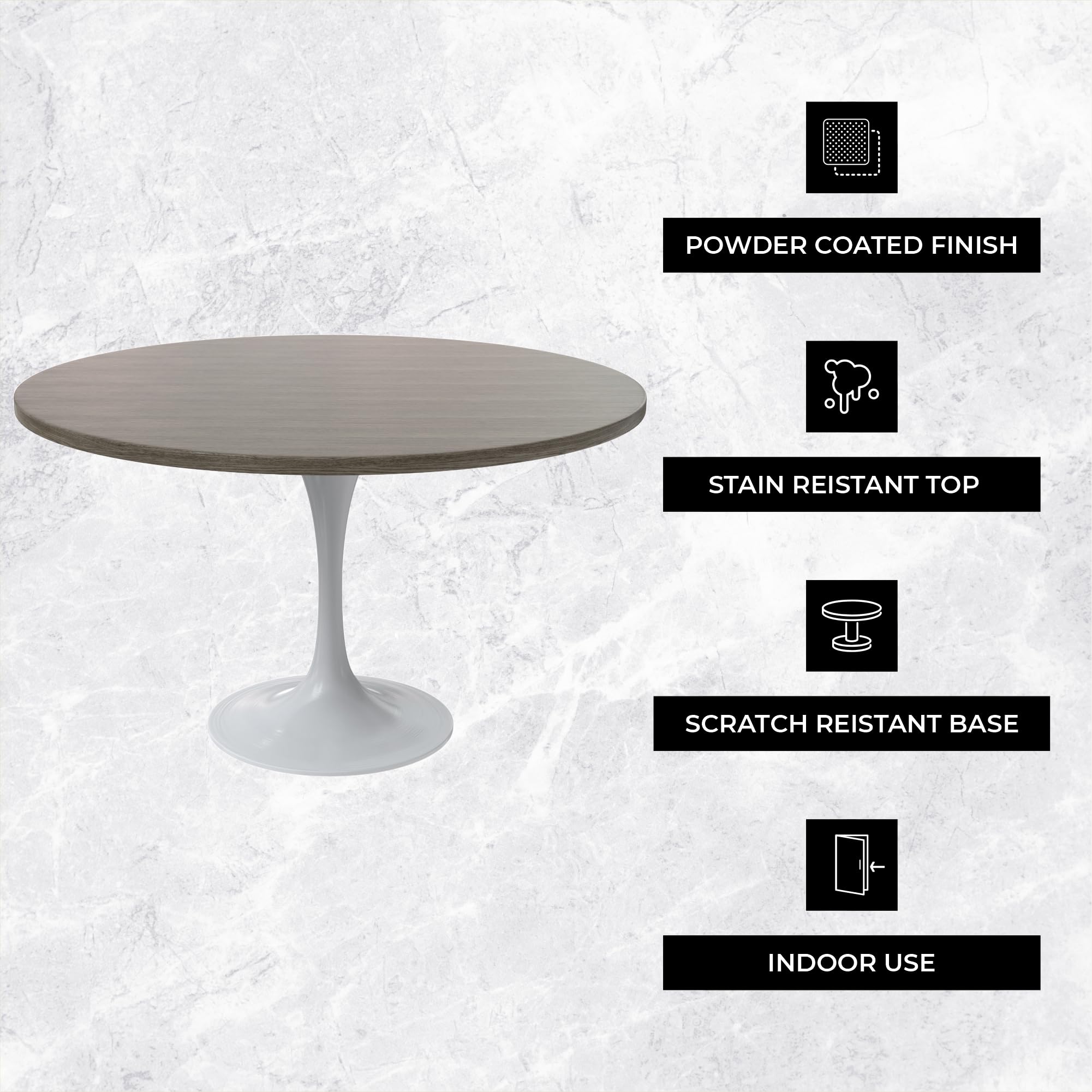 Verve Mid-Century Modern 48 Inch Round Dining Table, MDF Wood Tabletop with White Steel Pedestal Base, Large Pedestal Kitchen & Dining Room Table, Breakfast Nook Table (Dark Maple)